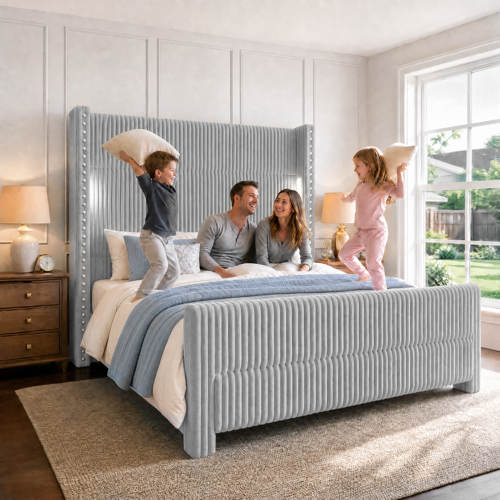 BR03 Bed Frame with 56.7" Tall Headboard & Reading Lights,Light Grey
