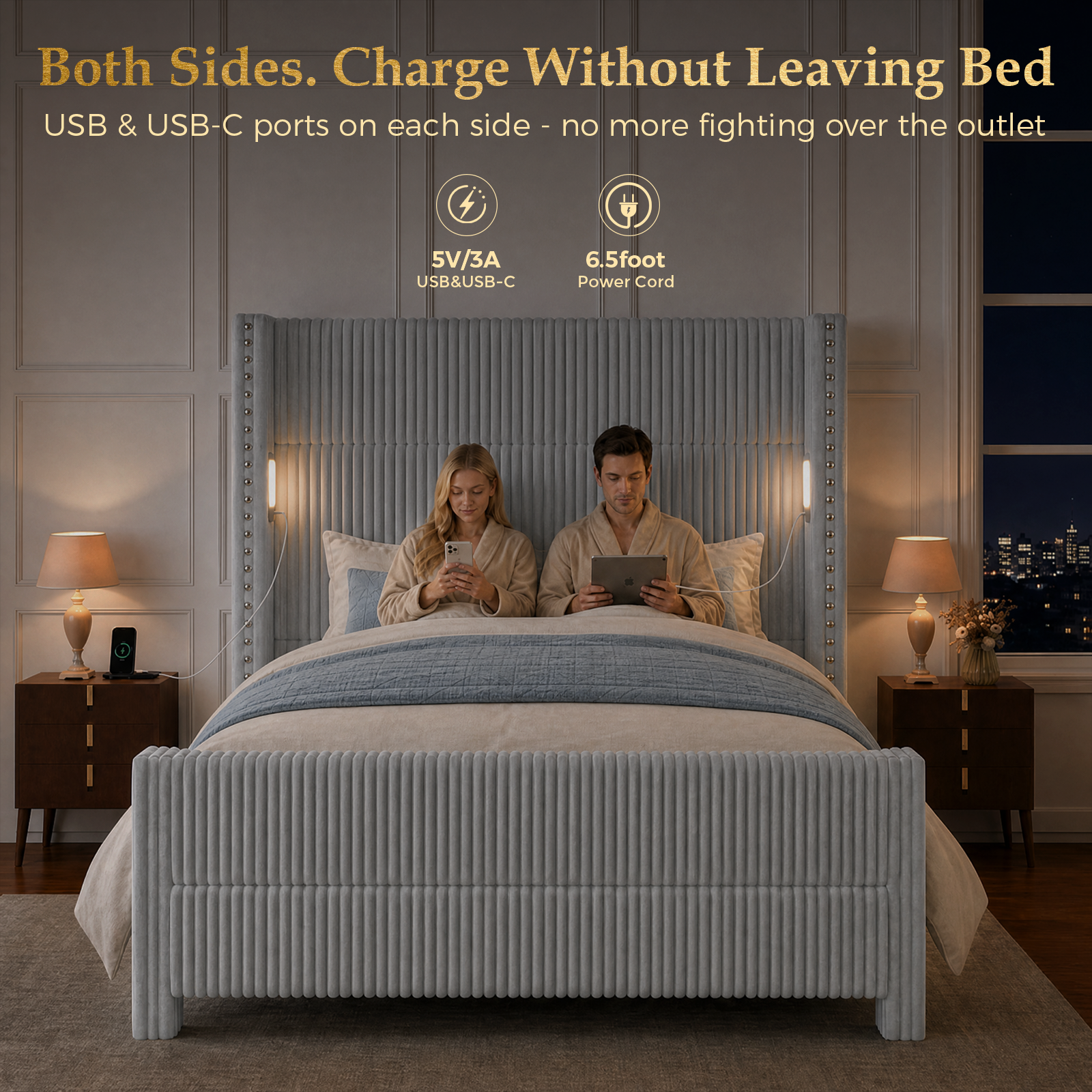BR03 Bed Frame with 56.7" Tall Headboard & Reading Lights,Light Grey