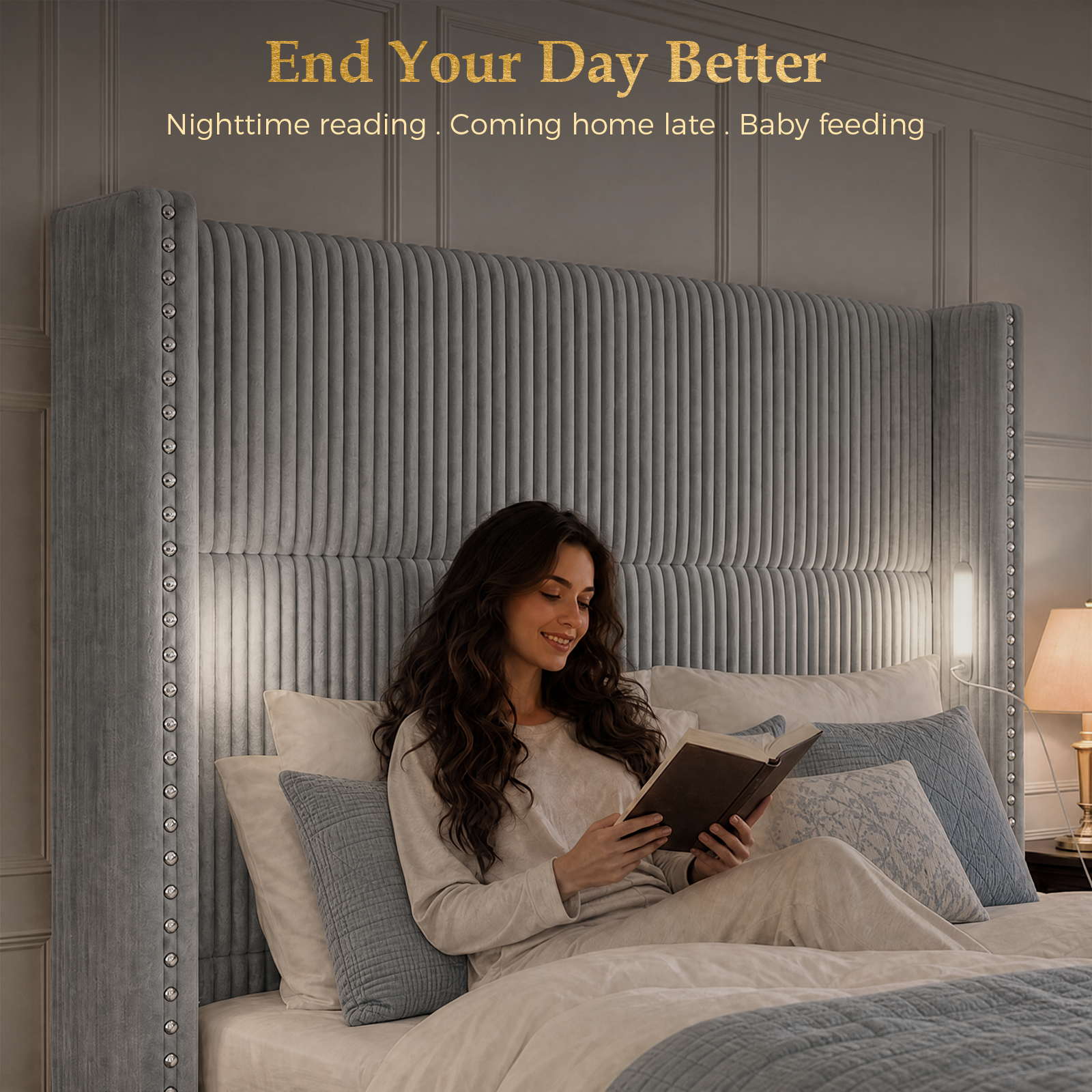 BR03 Bed Frame with 56.7" Tall Headboard & Reading Lights,Light Grey