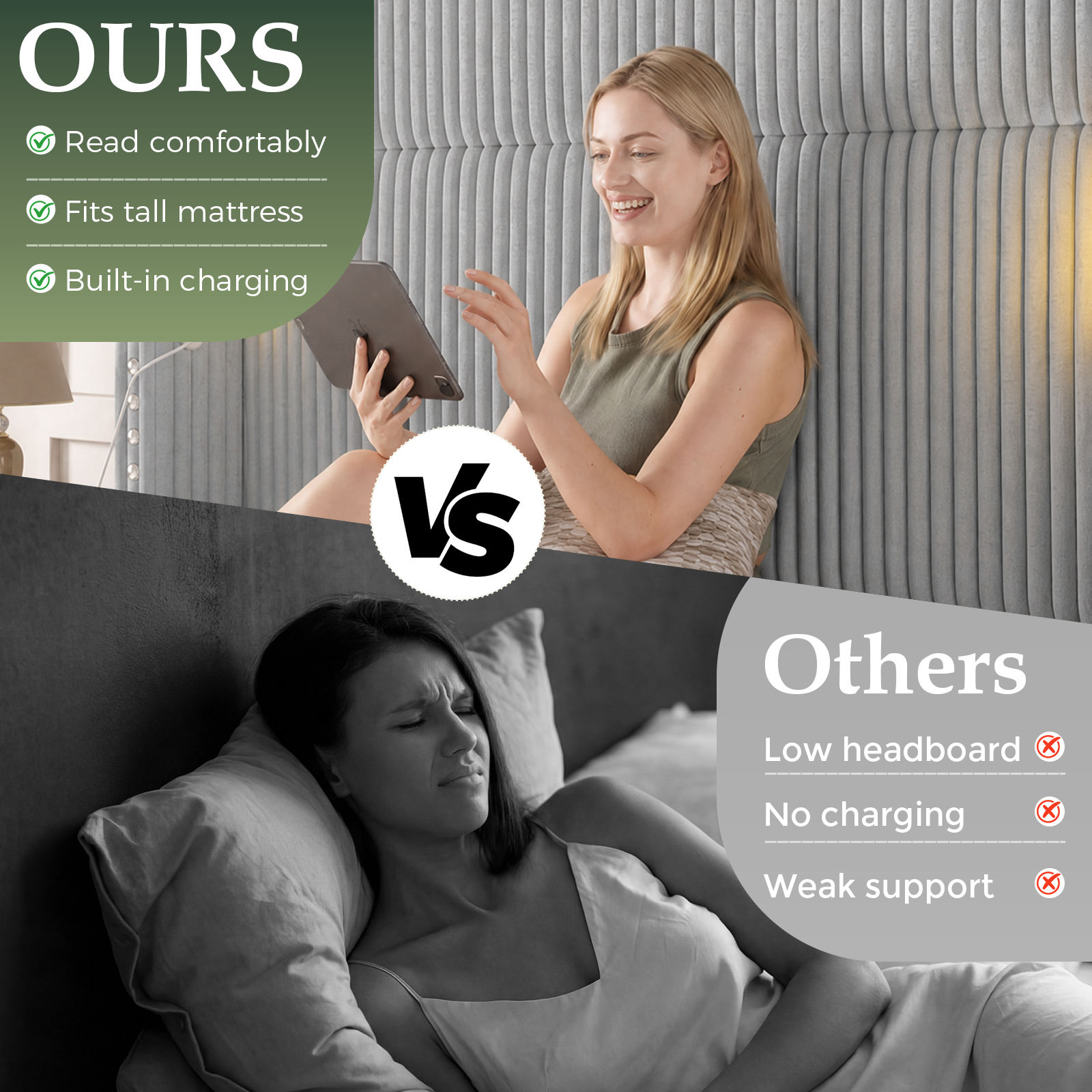 BR03 Bed Frame with 56.7" Tall Headboard & Reading Lights,Light Grey