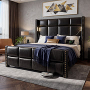 BR18 Upholstered Platform Bed Frame with Reading Lights & 56.7" High Headboard, Modern Luxury Black Leather Bed with Built-in Power Outlet