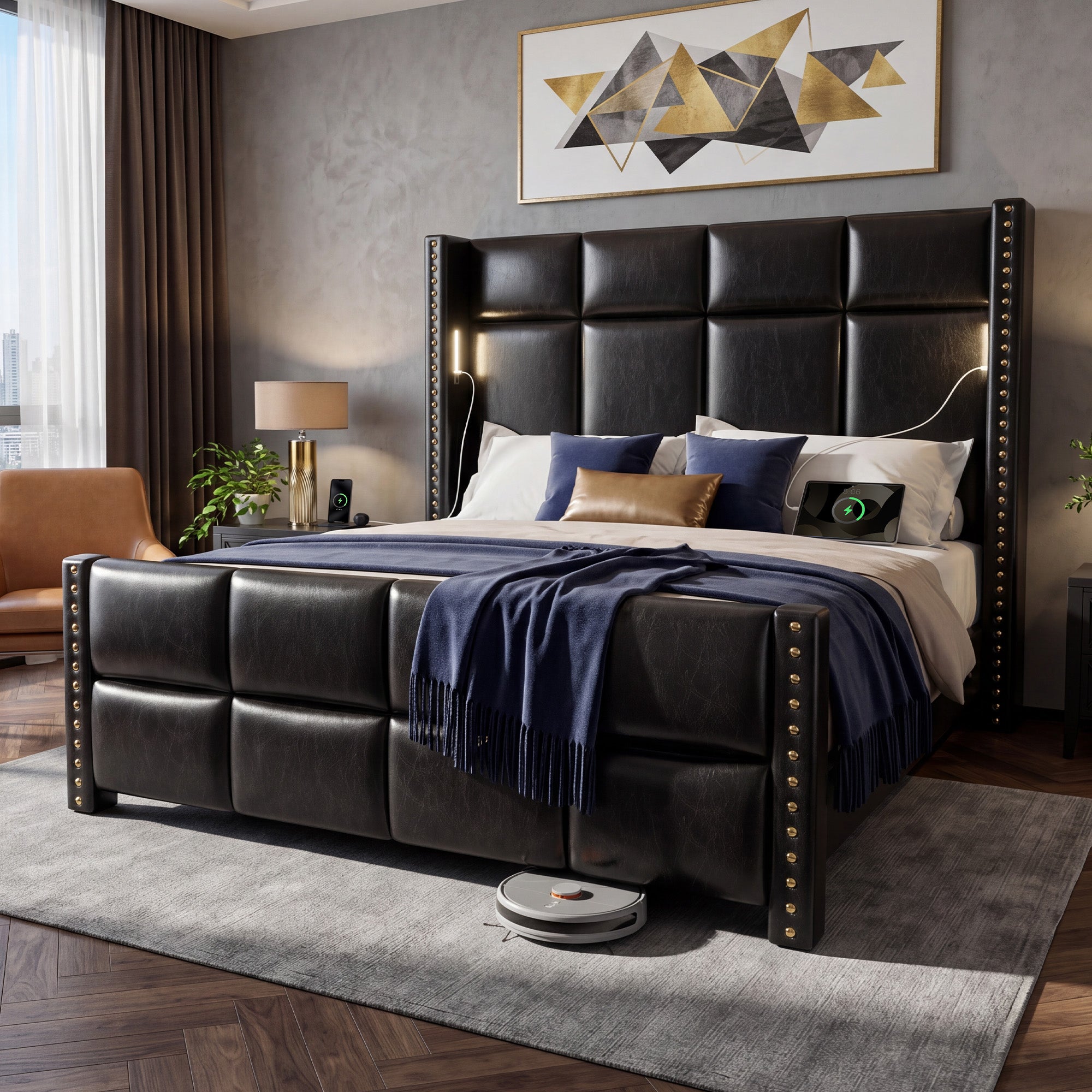 BR18 Upholstered Platform Bed Frame with Reading Lights & 56.7" High Headboard, Modern Luxury Black Leather Bed with Built-in Power Outlet