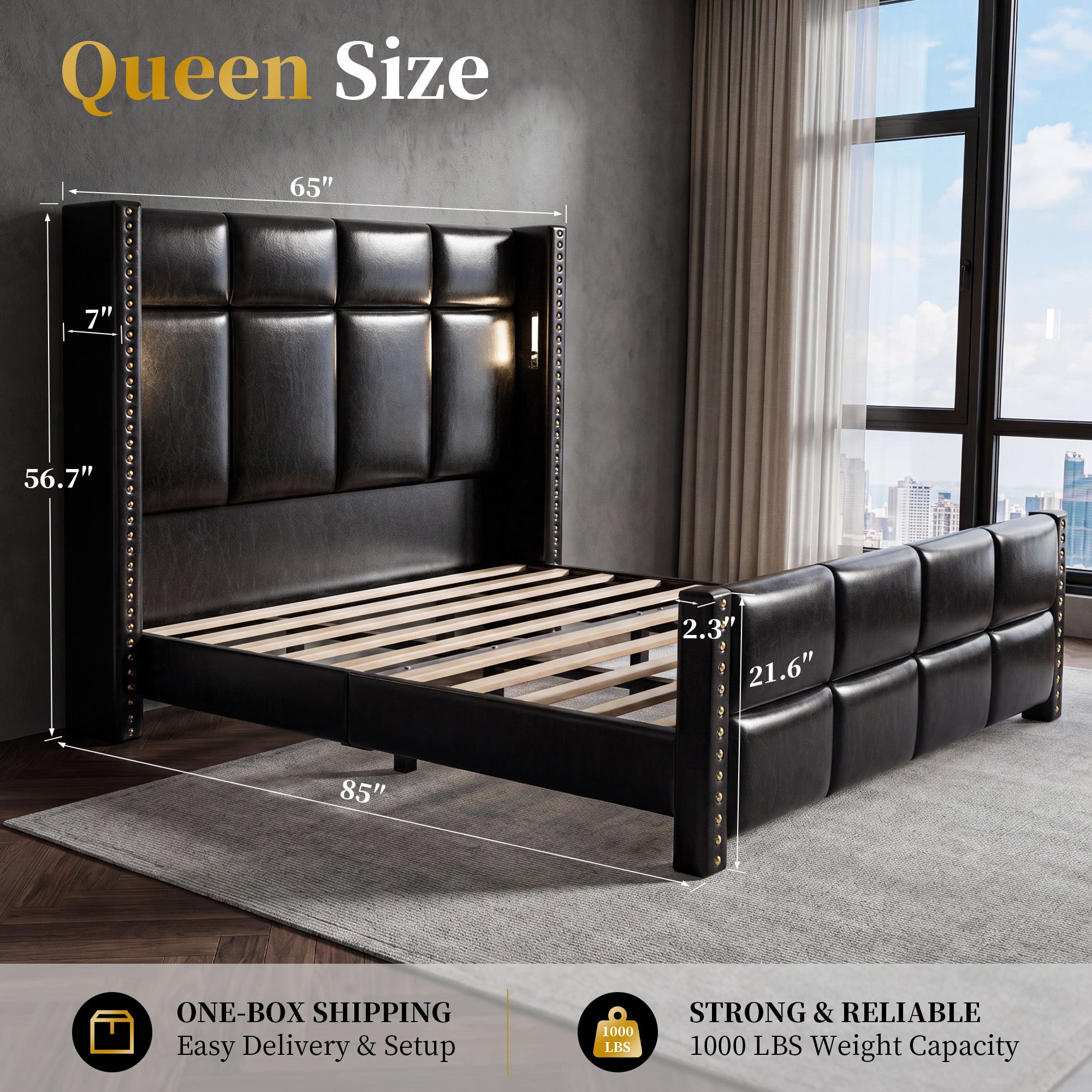 BR18 Upholstered Platform Bed Frame with Reading Lights & 56.7" High Headboard, Modern Luxury Black Leather Bed with Built-in Power Outlet