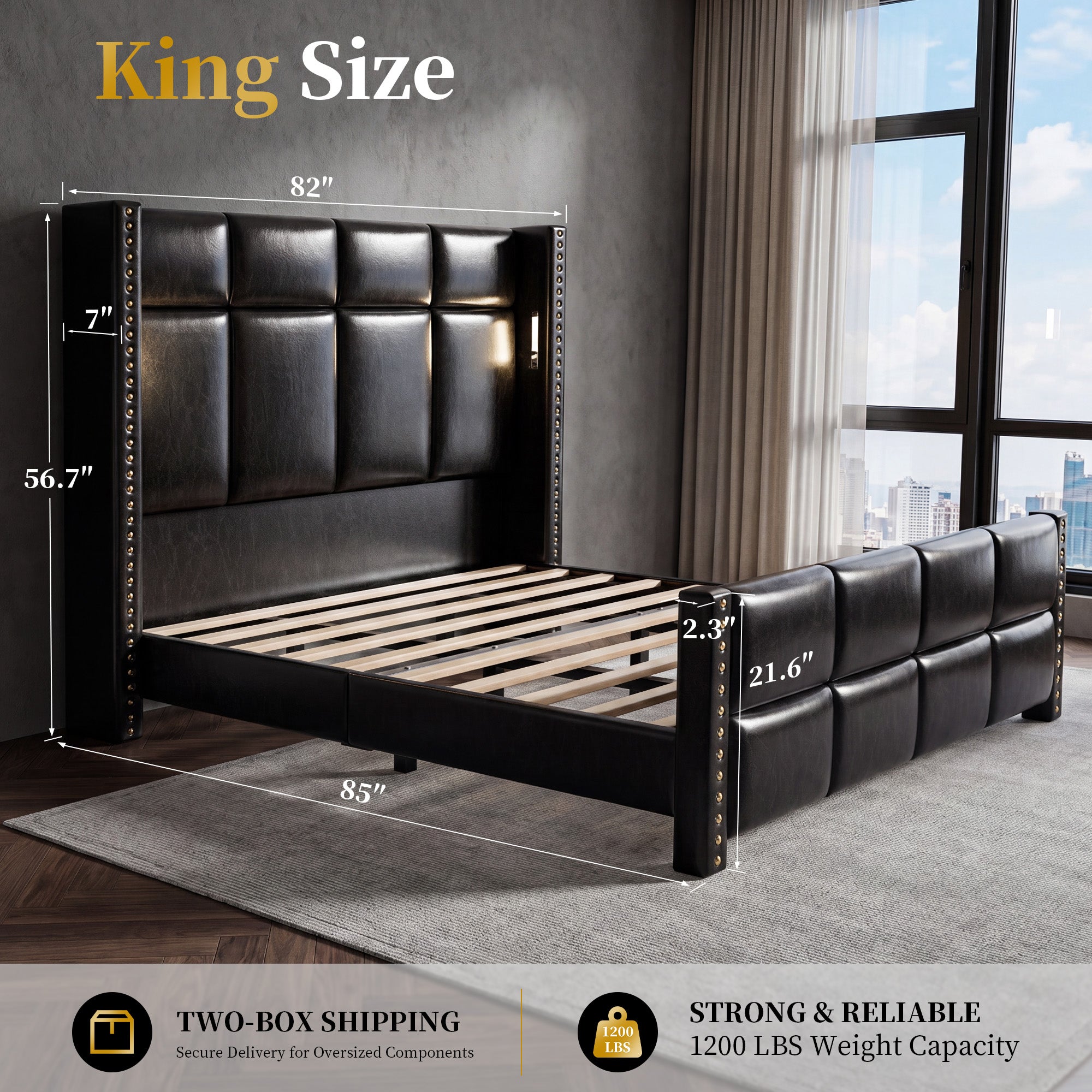BR18 Upholstered Platform Bed Frame with Reading Lights & 56.7" High Headboard, Modern Luxury Black Leather Bed with Built-in Power Outlet