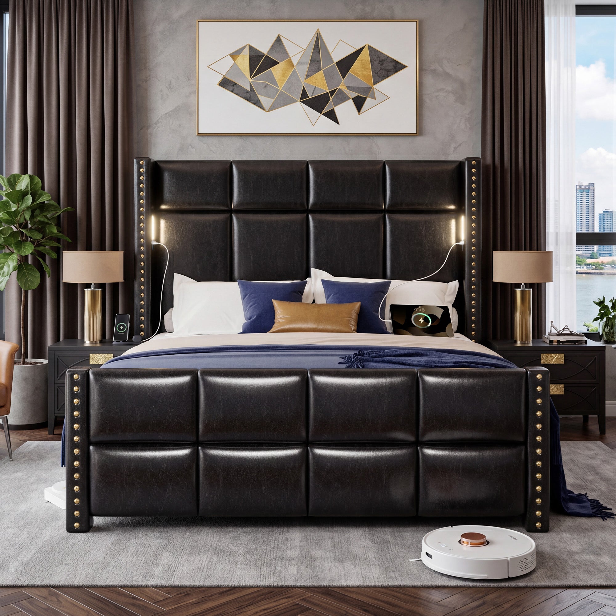 BR18 Upholstered Platform Bed Frame with Reading Lights & 56.7" High Headboard, Modern Luxury Black Leather Bed with Built-in Power Outlet