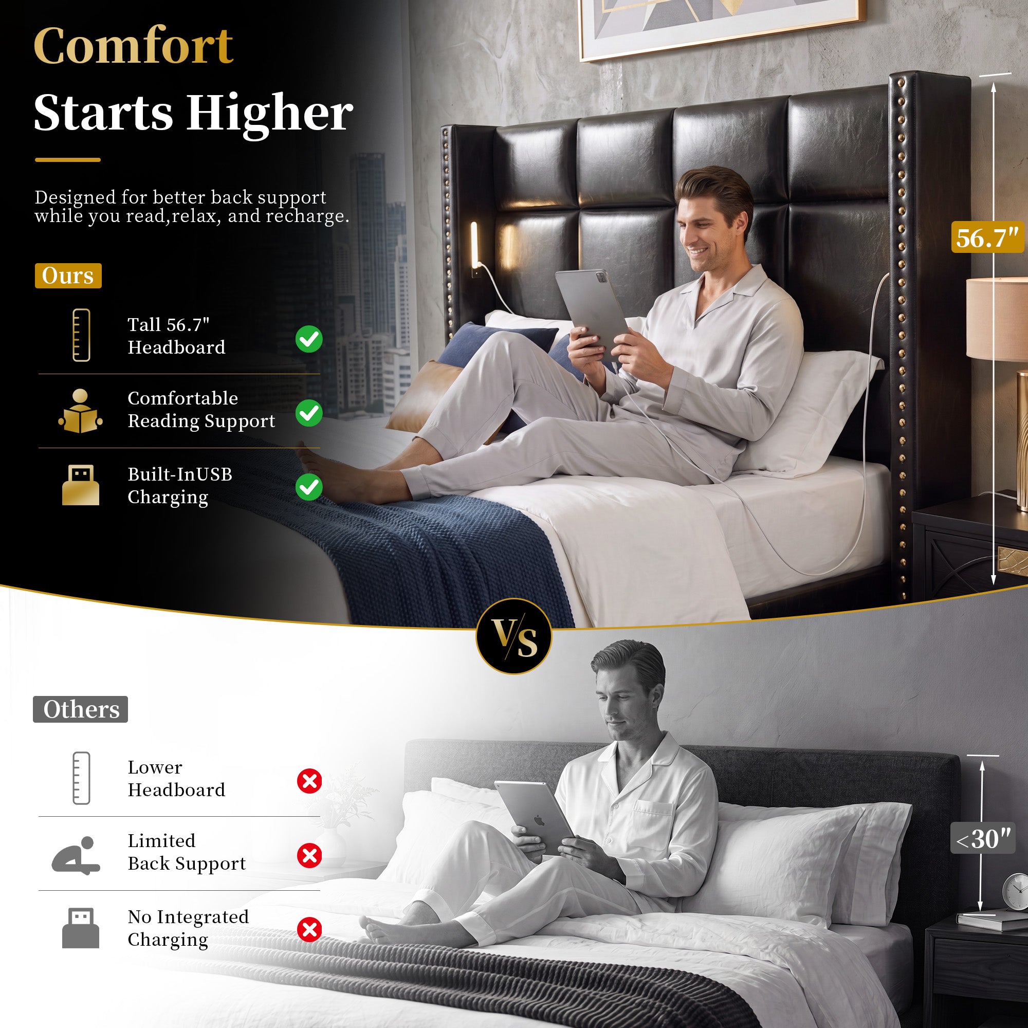 BR18 Upholstered Platform Bed Frame with Reading Lights & 56.7" High Headboard, Modern Luxury Black Leather Bed with Built-in Power Outlet