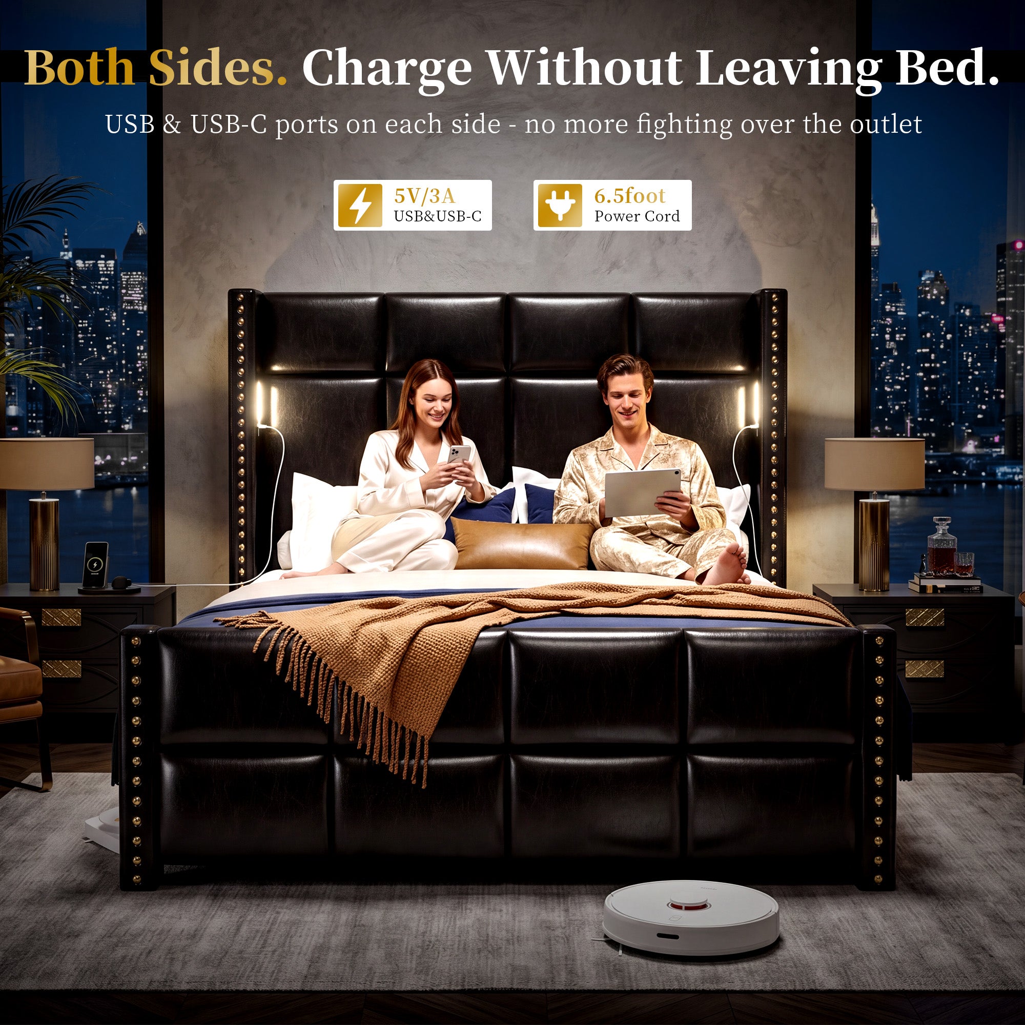BR18 Upholstered Platform Bed Frame with Reading Lights & 56.7" High Headboard, Modern Luxury Black Leather Bed with Built-in Power Outlet
