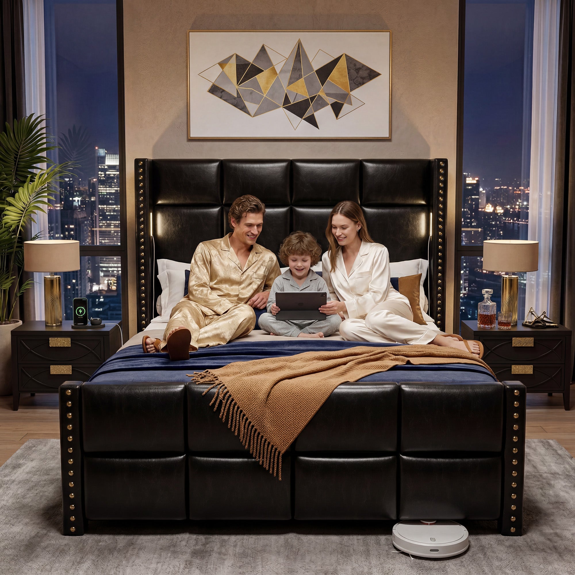 BR18 Upholstered Platform Bed Frame with Reading Lights & 56.7" High Headboard, Modern Luxury Black Leather Bed with Built-in Power Outlet