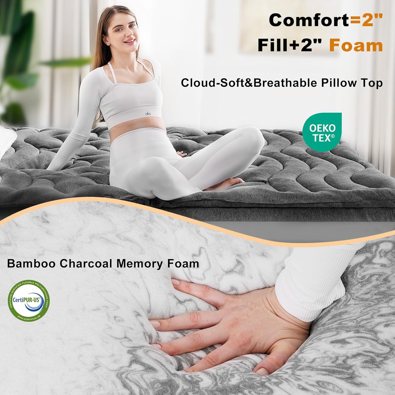 4 Inch Dual Layer Bamboo Memory Foam Mattress Topper for Back Pain Relief