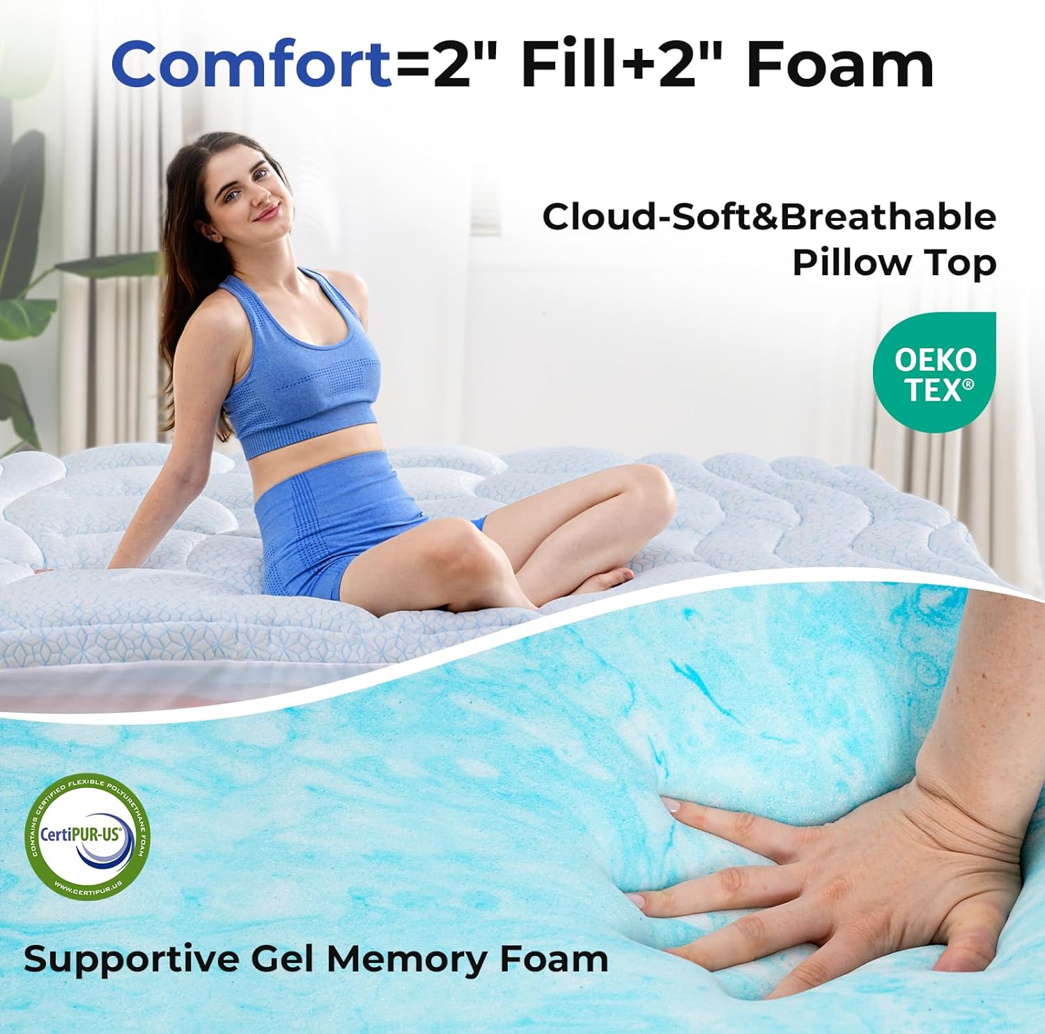 4 Inch Dual Layer Cooling Memory Foam Mattress Topper for Back Pain Relief