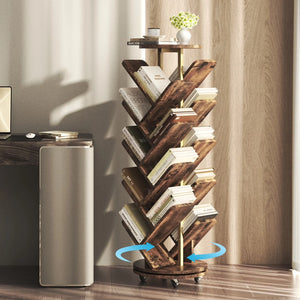 16-Tier 360° Rotating Display Tree Bookcase, Standing Storage Shelf, Book Organizer Shelves, Brown