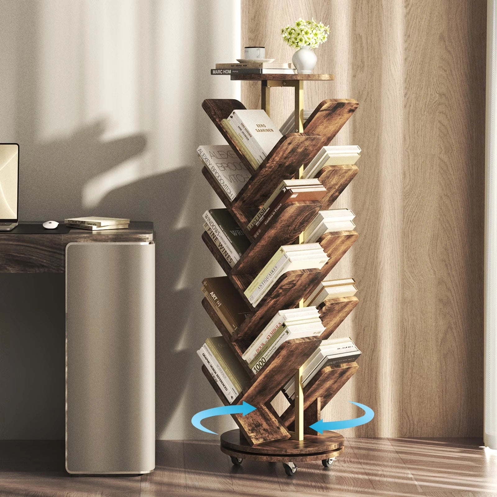 16-Tier 360° Rotating Display Tree Bookcase, Standing Storage Shelf, Book Organizer Shelves, Brown