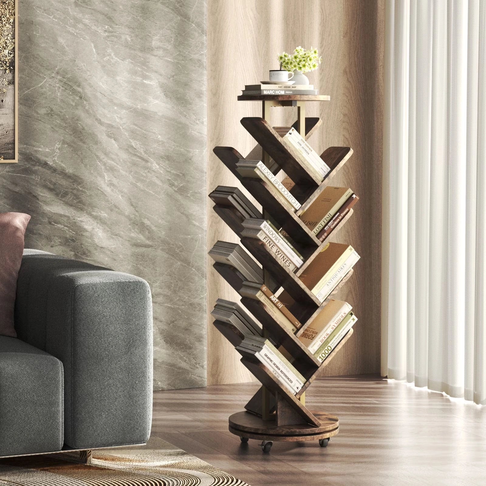 16-Tier 360° Rotating Display Tree Bookcase, Standing Storage Shelf, Book Organizer Shelves, Brown