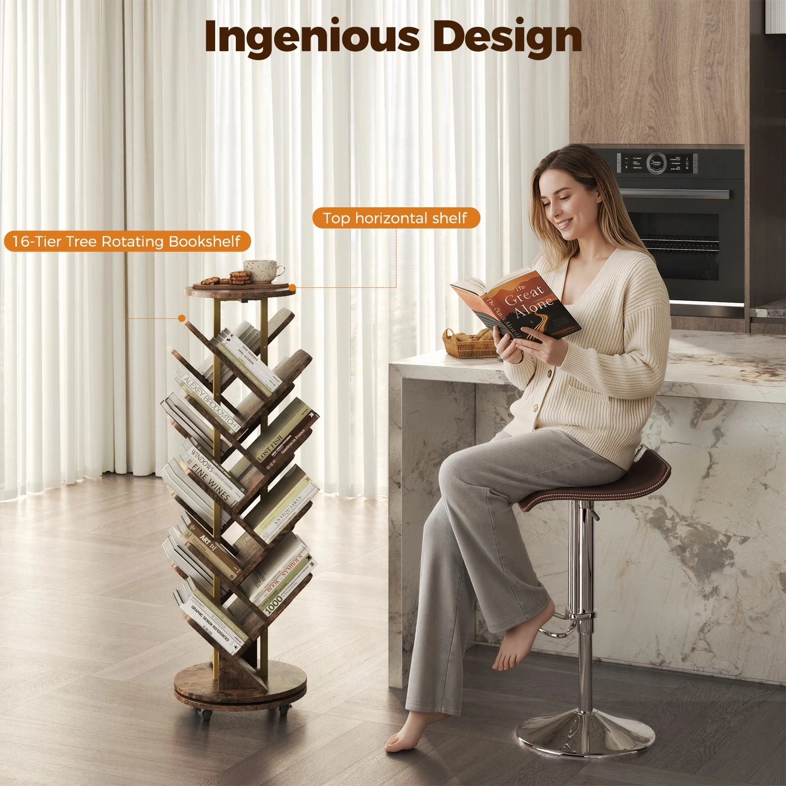 16-Tier 360° Rotating Display Tree Bookcase, Standing Storage Shelf, Book Organizer Shelves, Brown