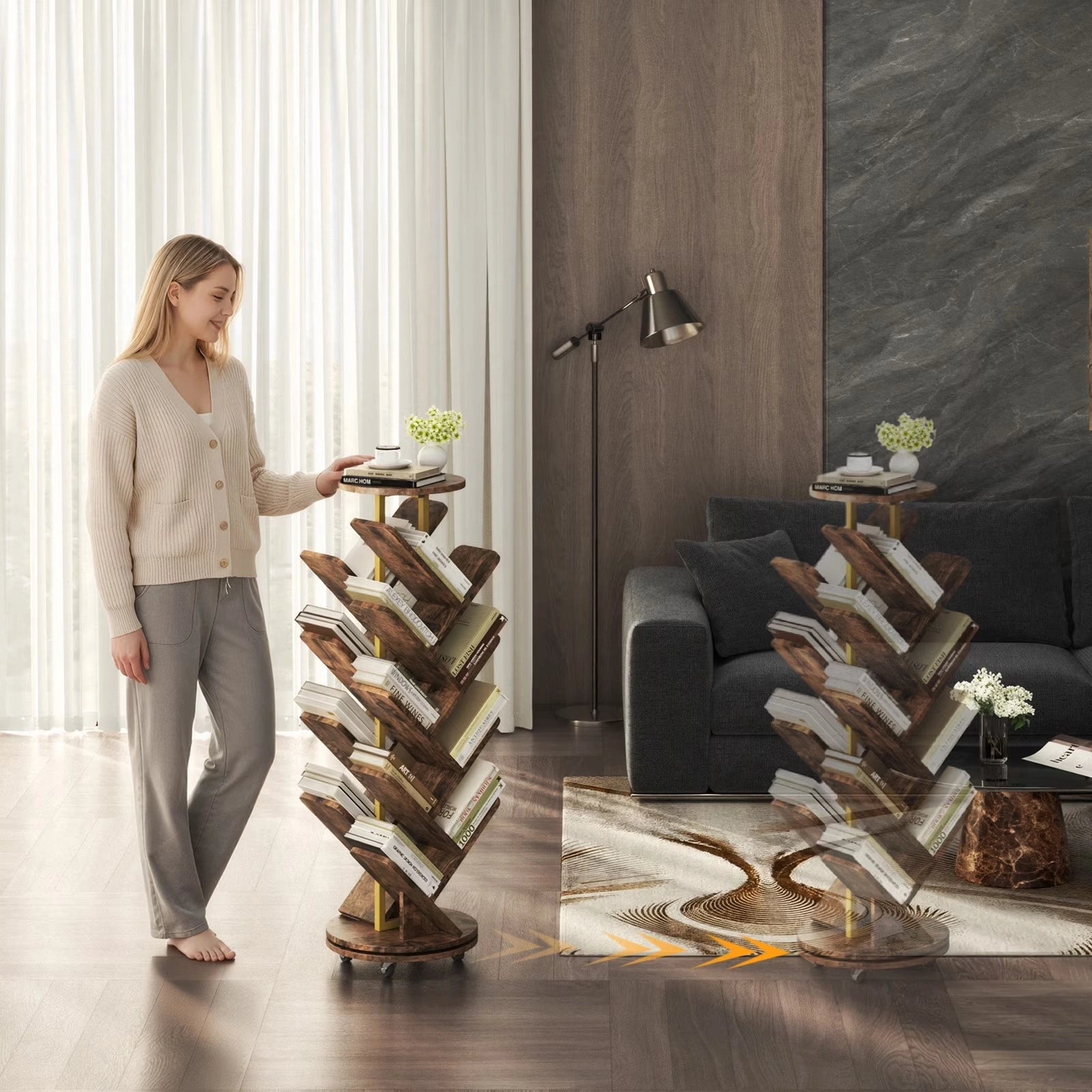 16-Tier 360° Rotating Display Tree Bookcase, Standing Storage Shelf, Book Organizer Shelves, Brown
