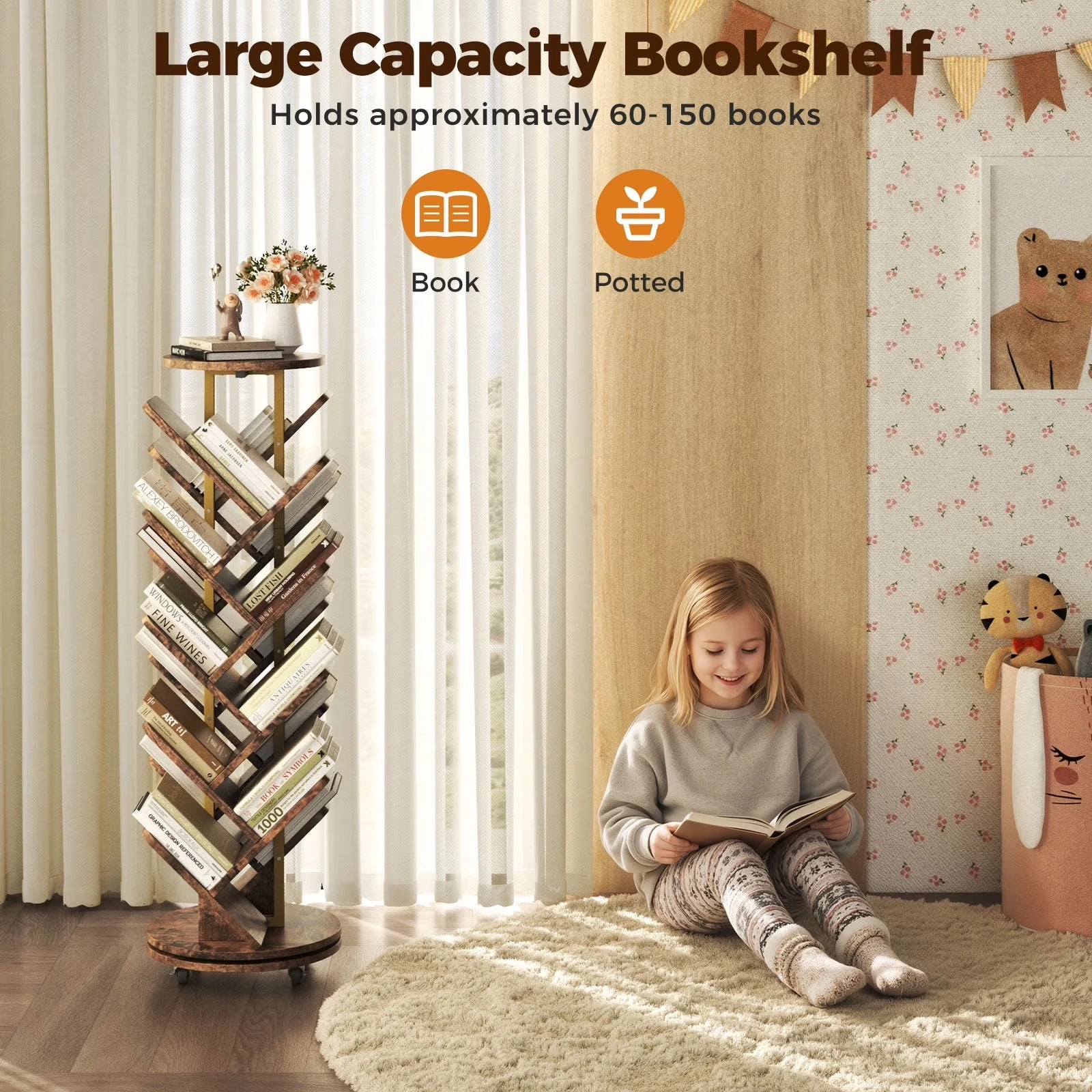 16-Tier 360° Rotating Display Tree Bookcase, Standing Storage Shelf, Book Organizer Shelves, Brown