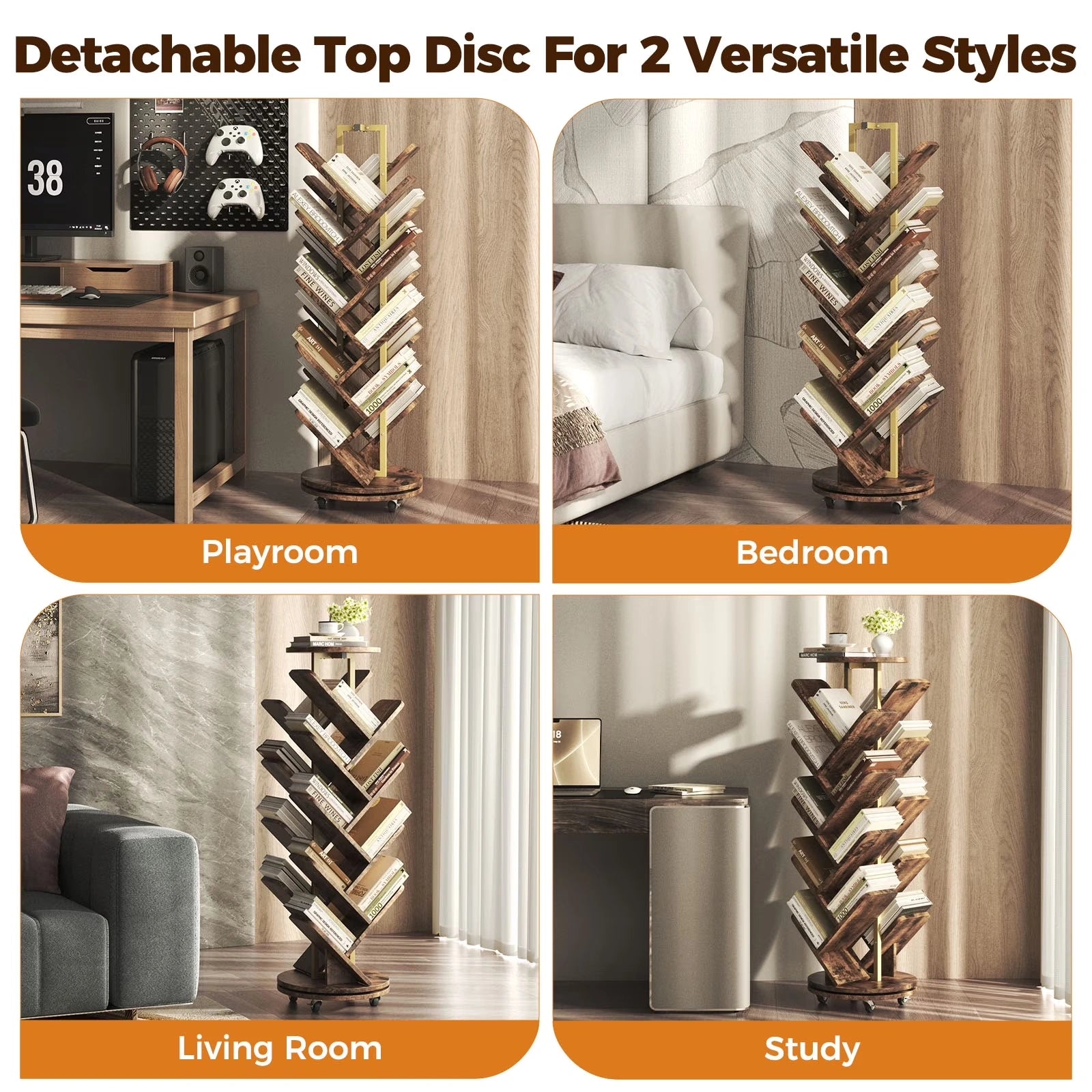 16-Tier 360° Rotating Display Tree Bookcase, Standing Storage Shelf, Book Organizer Shelves, Brown