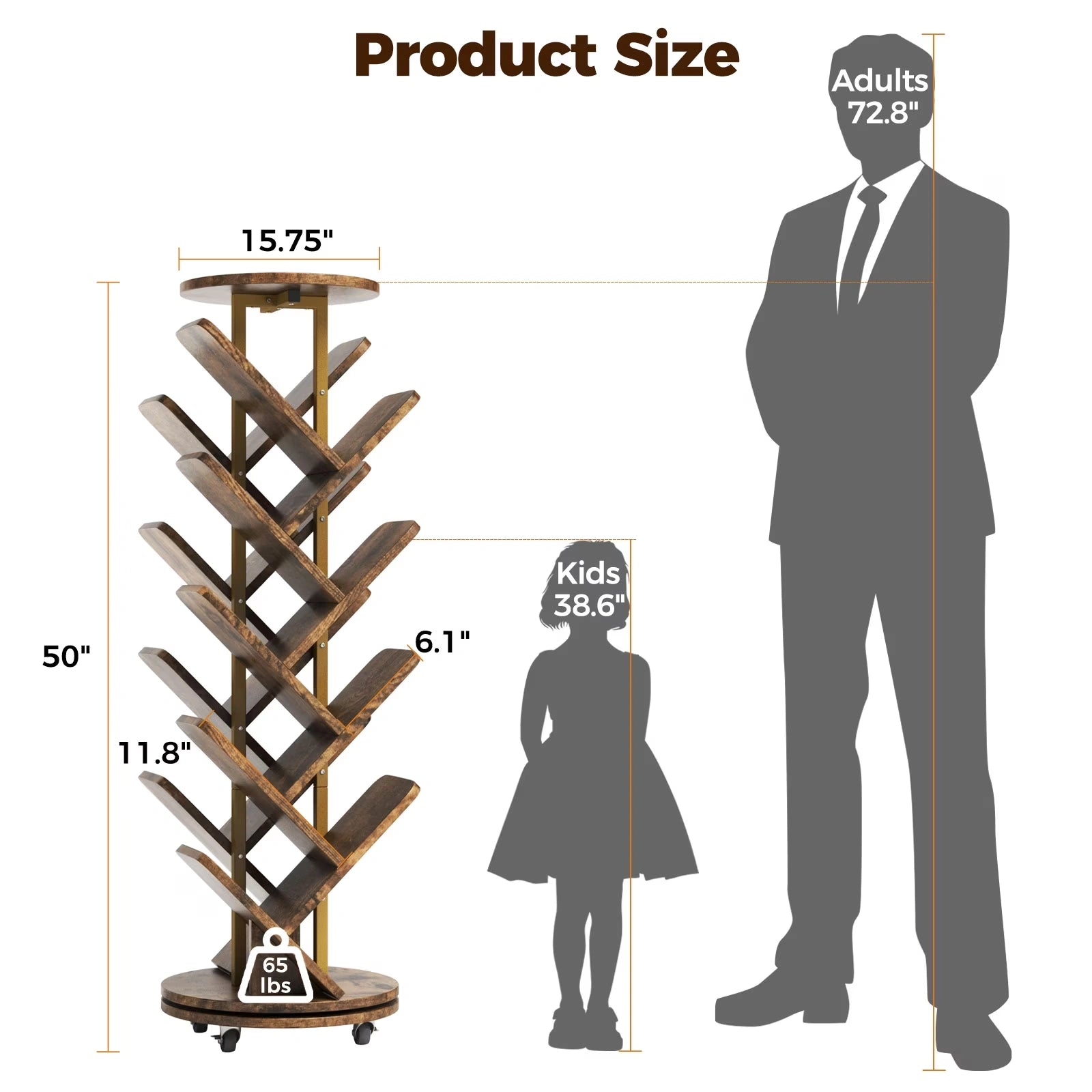 16-Tier 360° Rotating Display Tree Bookcase, Standing Storage Shelf, Book Organizer Shelves, Brown