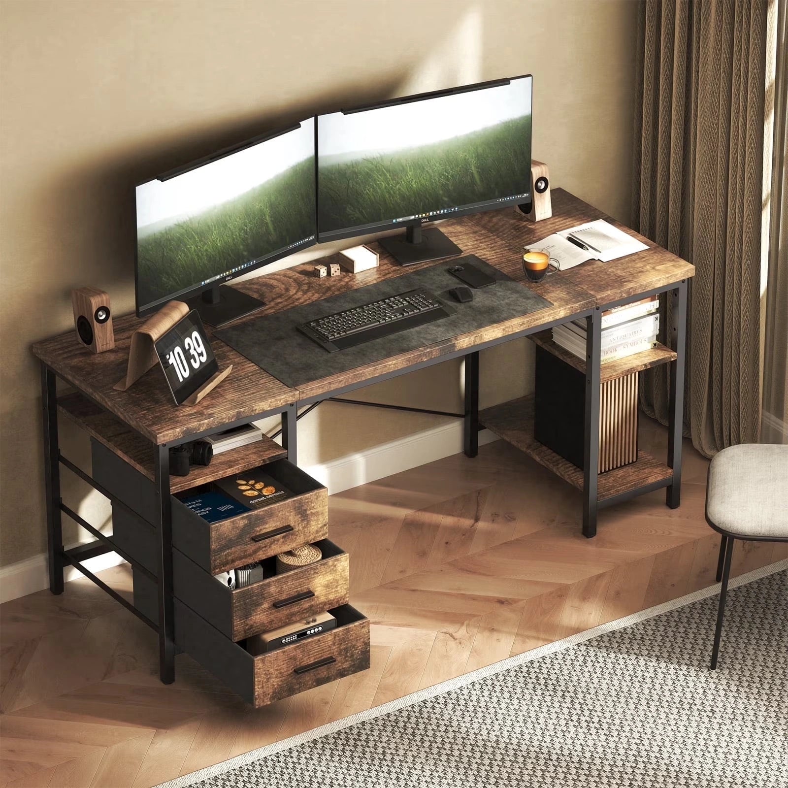 Home Office Desk with 3 Drawers and Reversible Storage Shelves,Brown