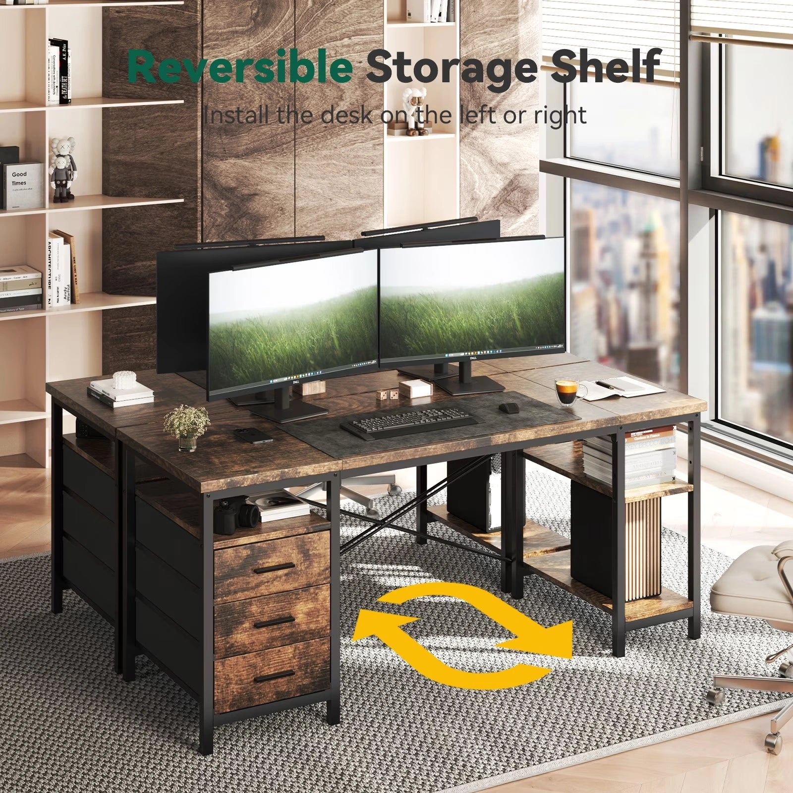 Home Office Desk with 3 Drawers and Reversible Storage Shelves,Brown