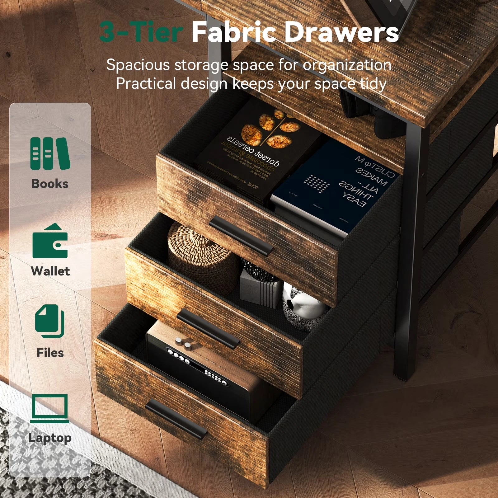 Home Office Desk with 3 Drawers and Reversible Storage Shelves,Brown