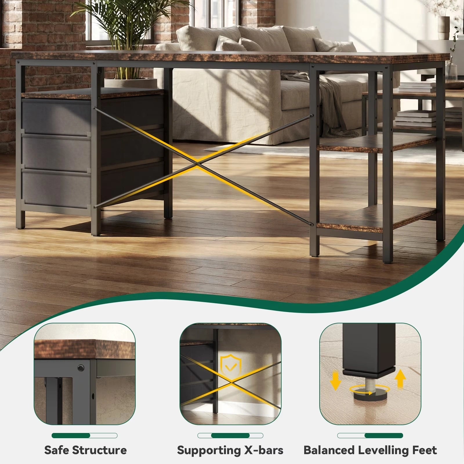 Home Office Desk with 3 Drawers and Reversible Storage Shelves,Brown