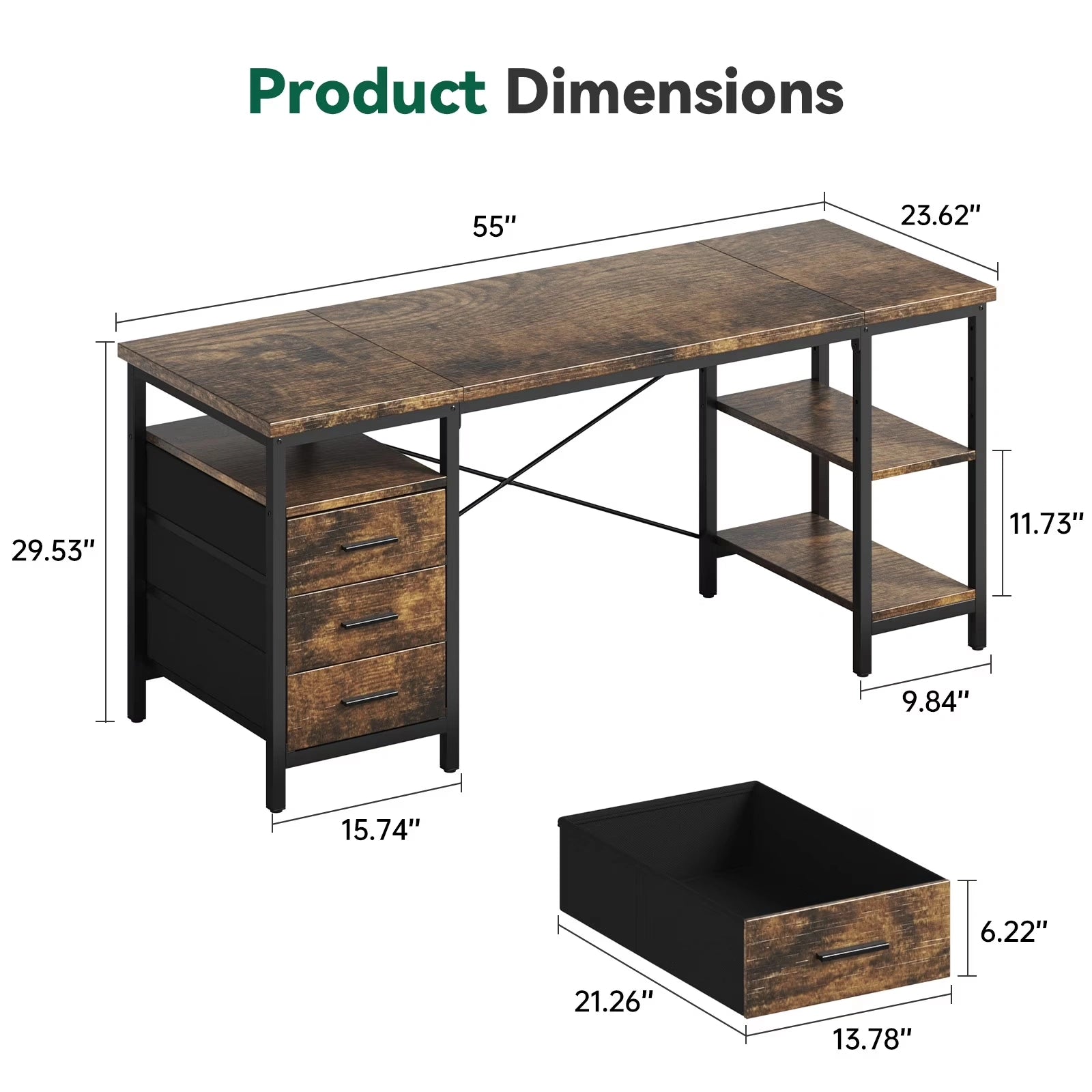Home Office Desk with 3 Drawers and Reversible Storage Shelves,Brown