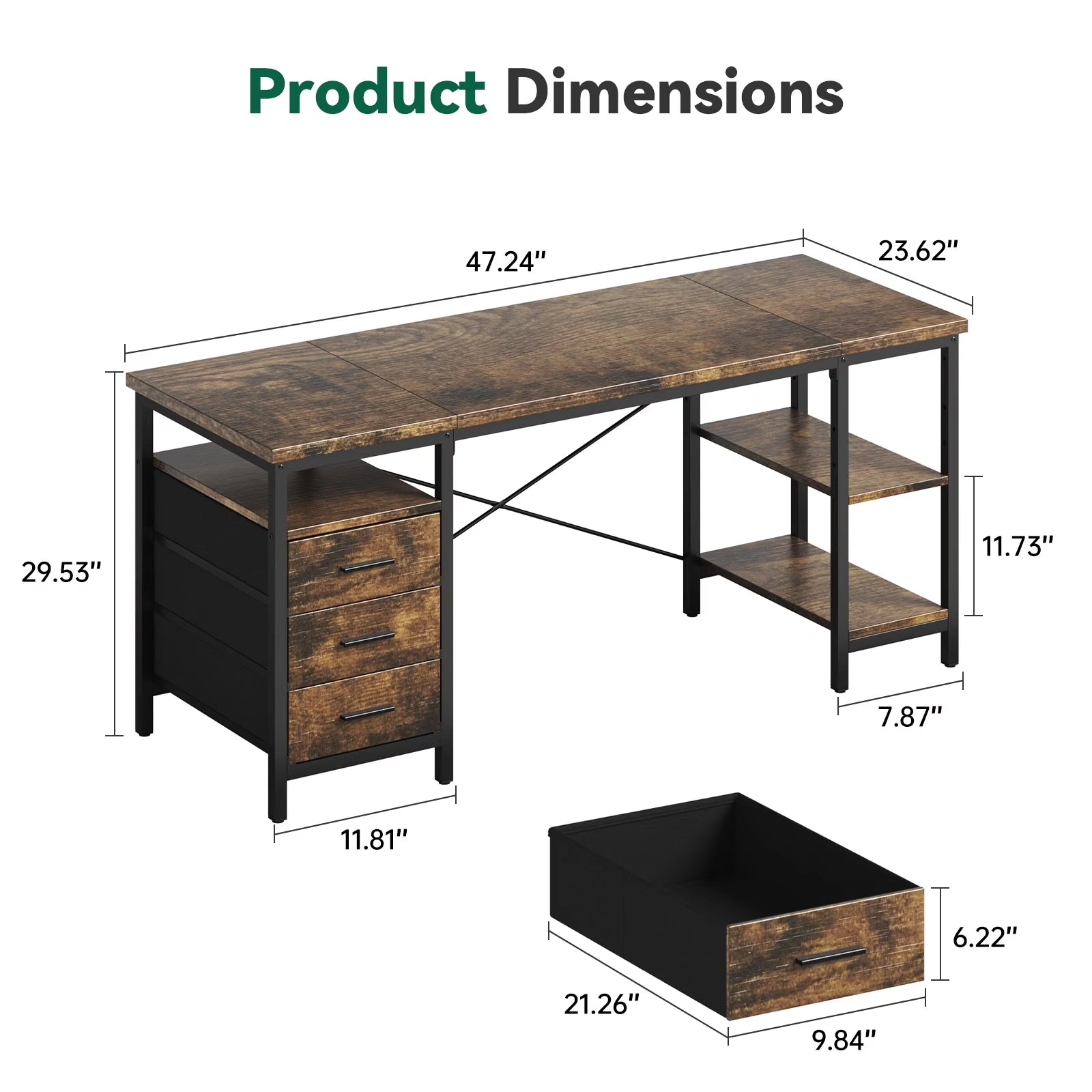 Home Office Desk with 3 Drawers and Reversible Storage Shelves,Brown