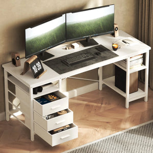 Home Office Desk with 3 Drawers and Reversible Storage Shelves,White