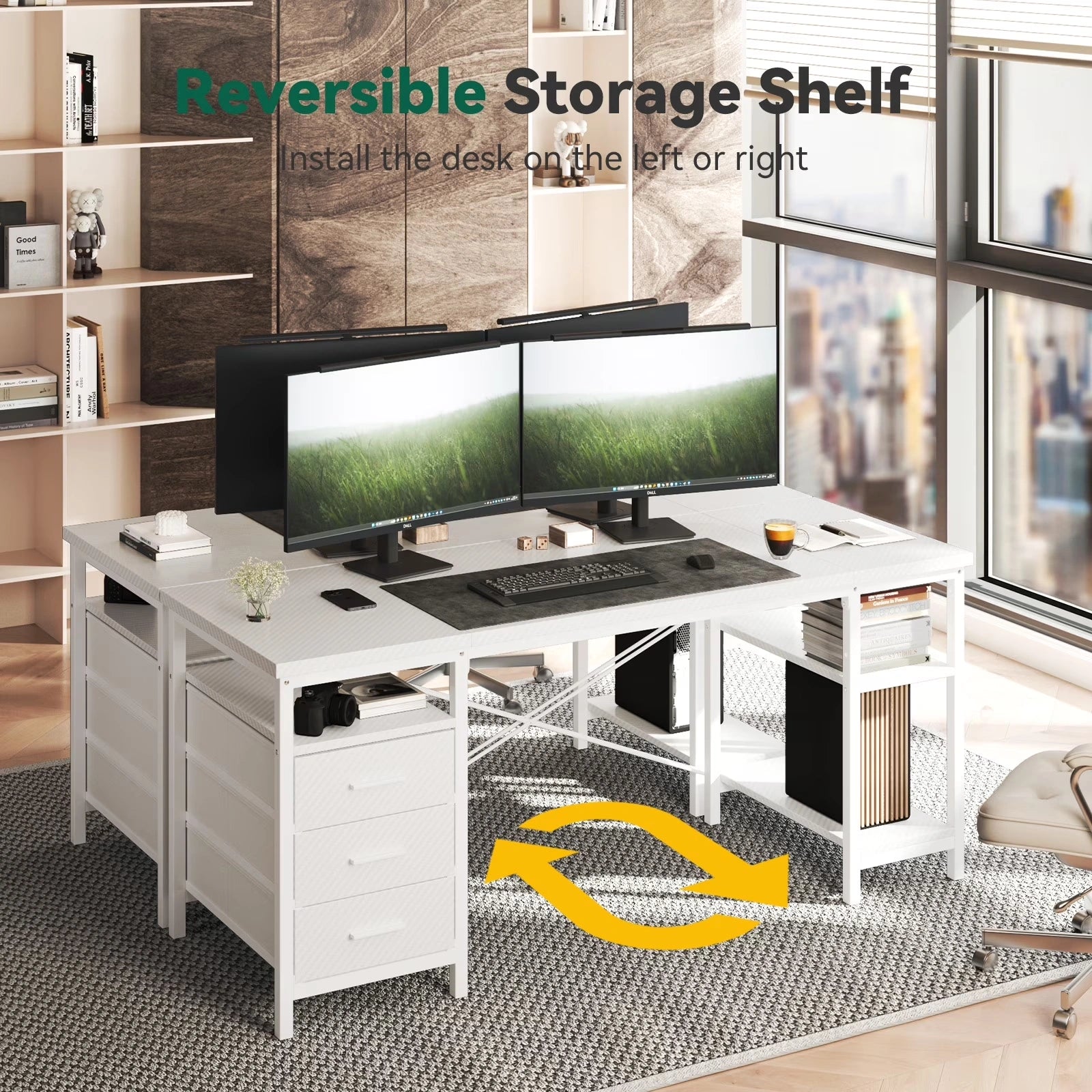 Home Office Desk with 3 Drawers and Reversible Storage Shelves,White