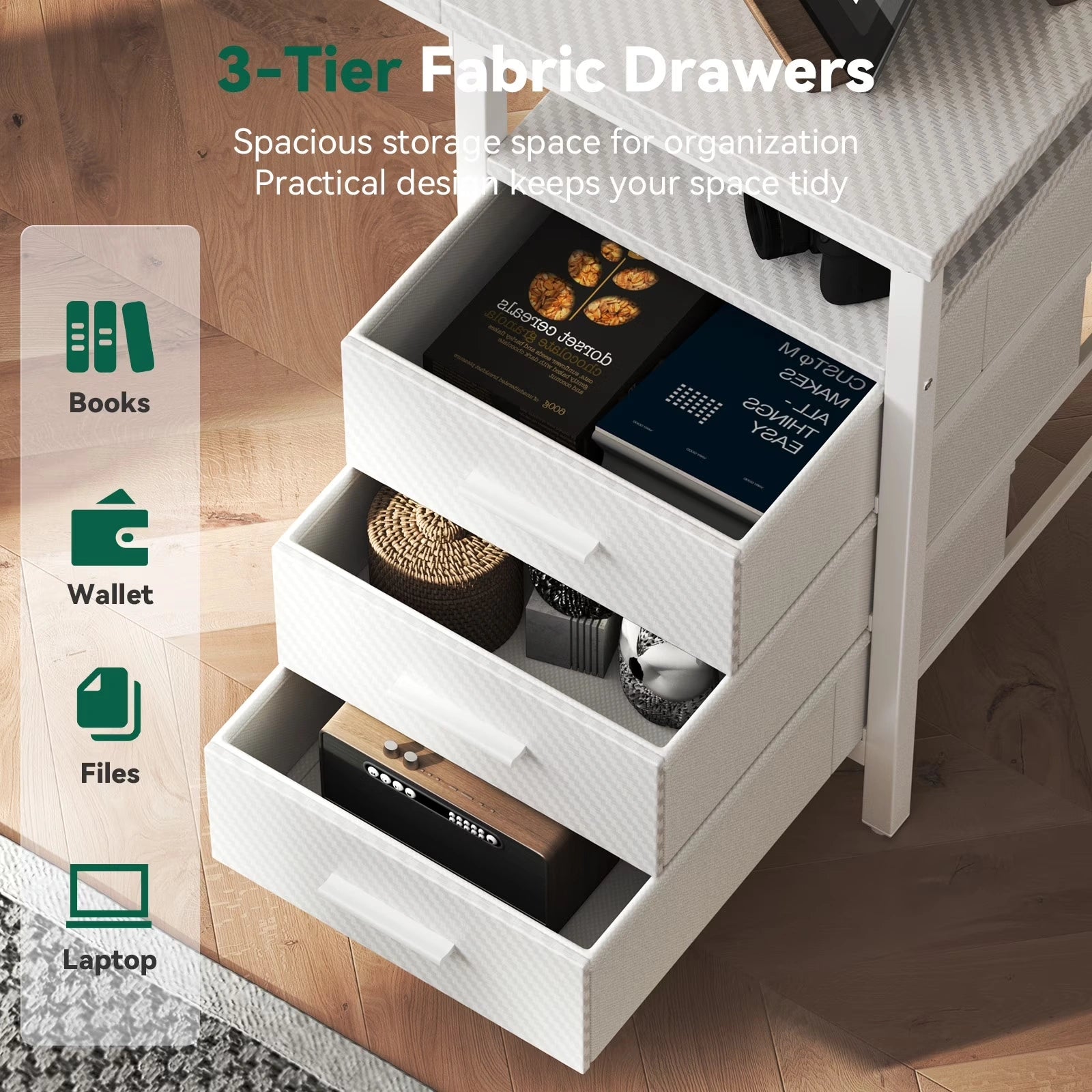 Home Office Desk with 3 Drawers and Reversible Storage Shelves,White