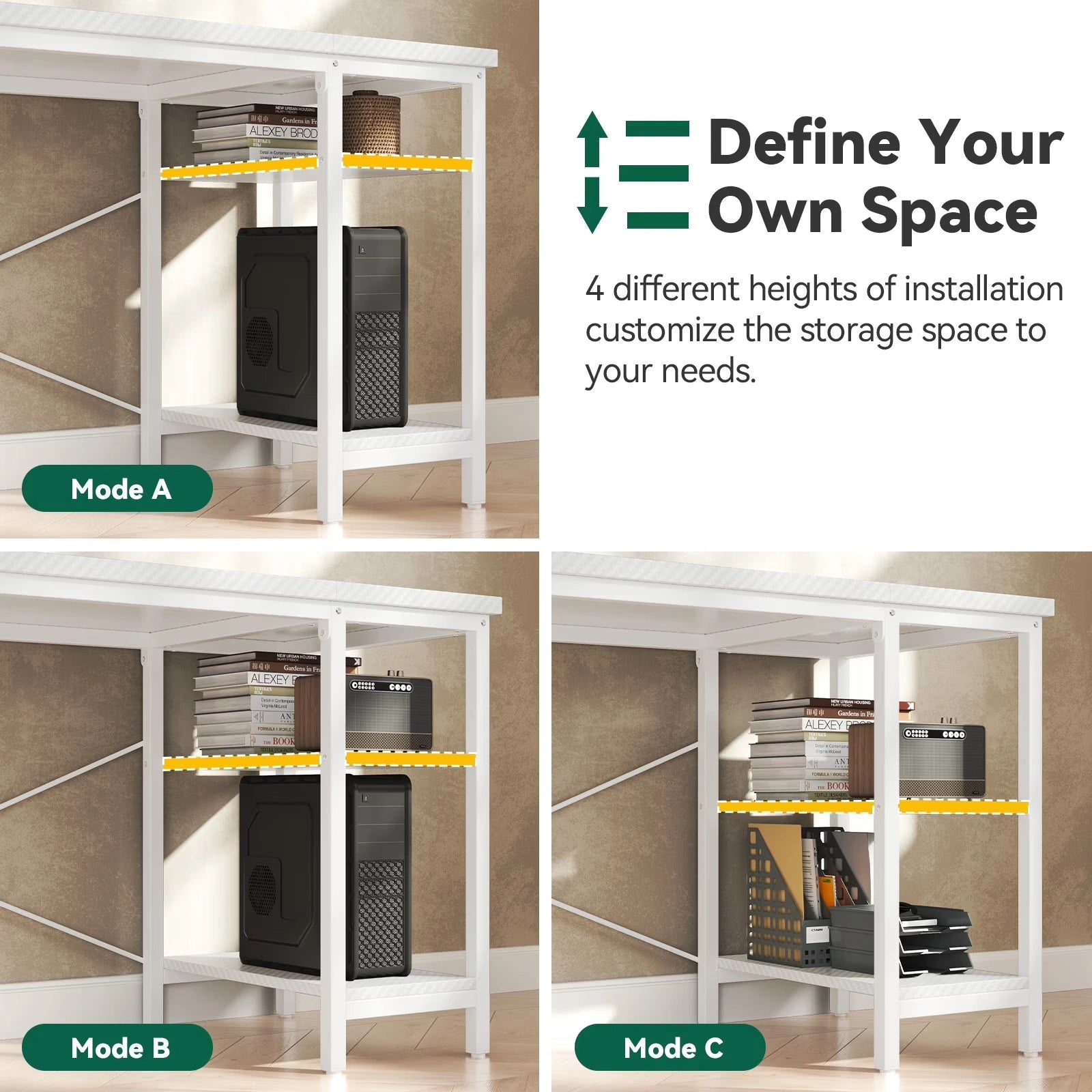Home Office Desk with 3 Drawers and Reversible Storage Shelves,White