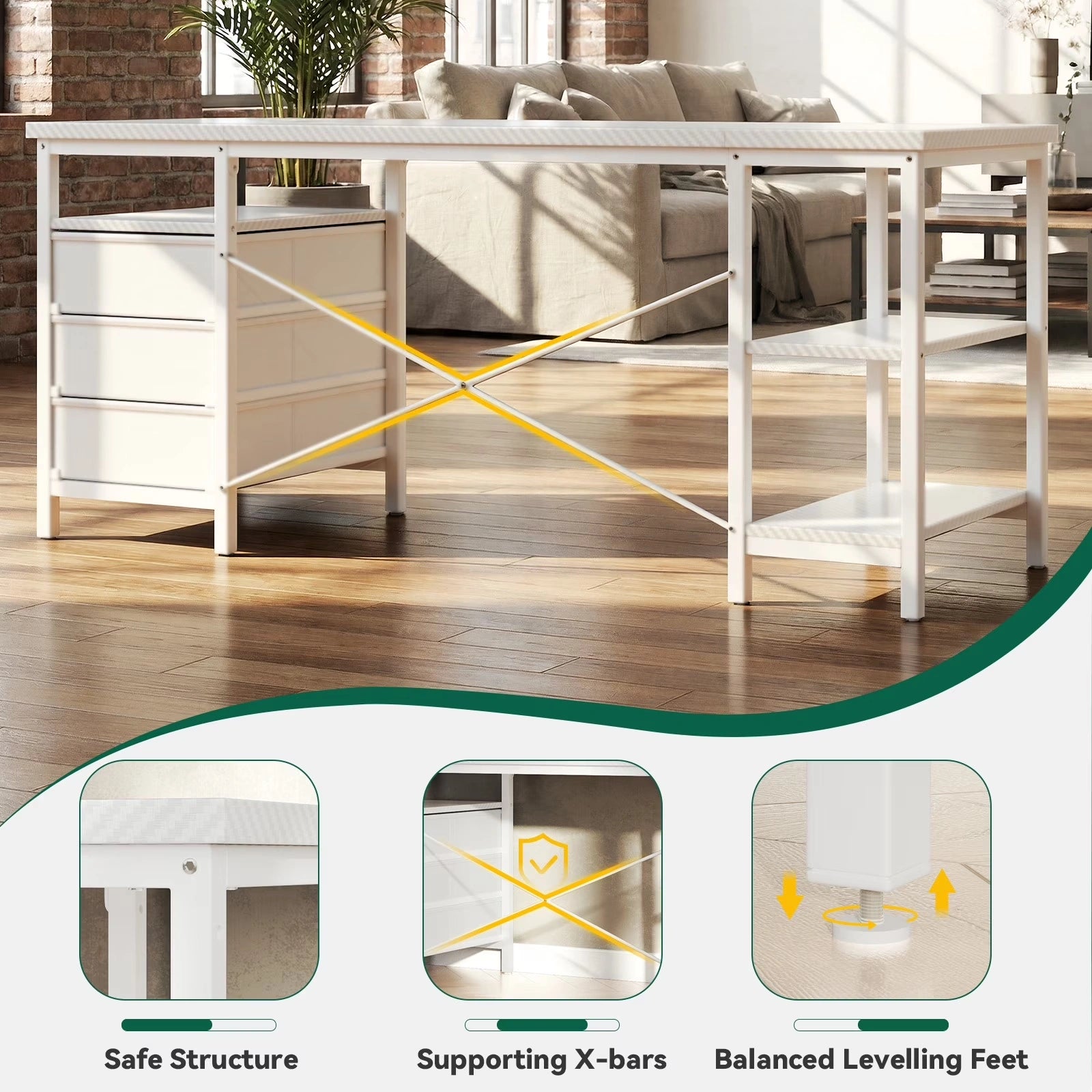 Home Office Desk with 3 Drawers and Reversible Storage Shelves,White