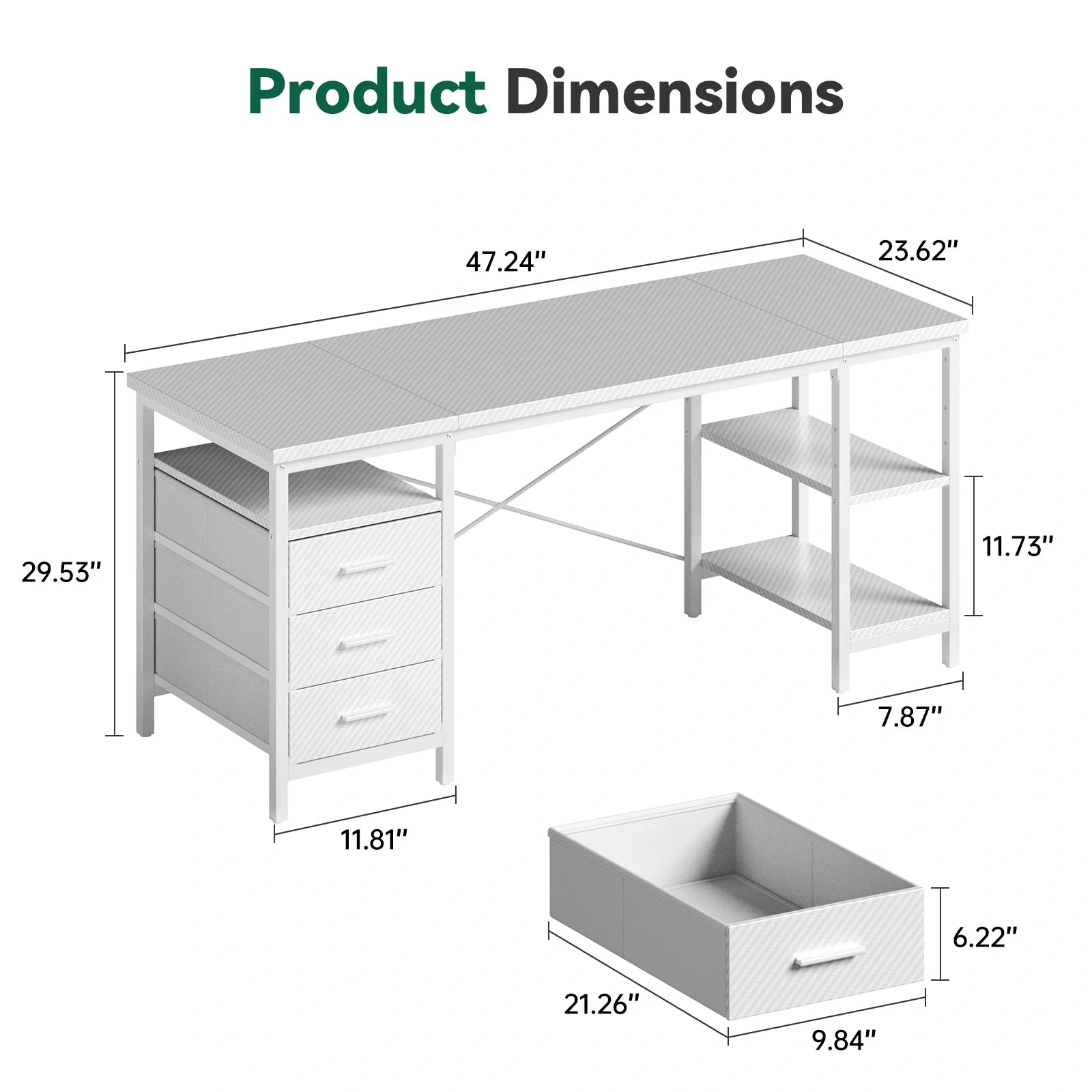 Home Office Desk with 3 Drawers and Reversible Storage Shelves,White
