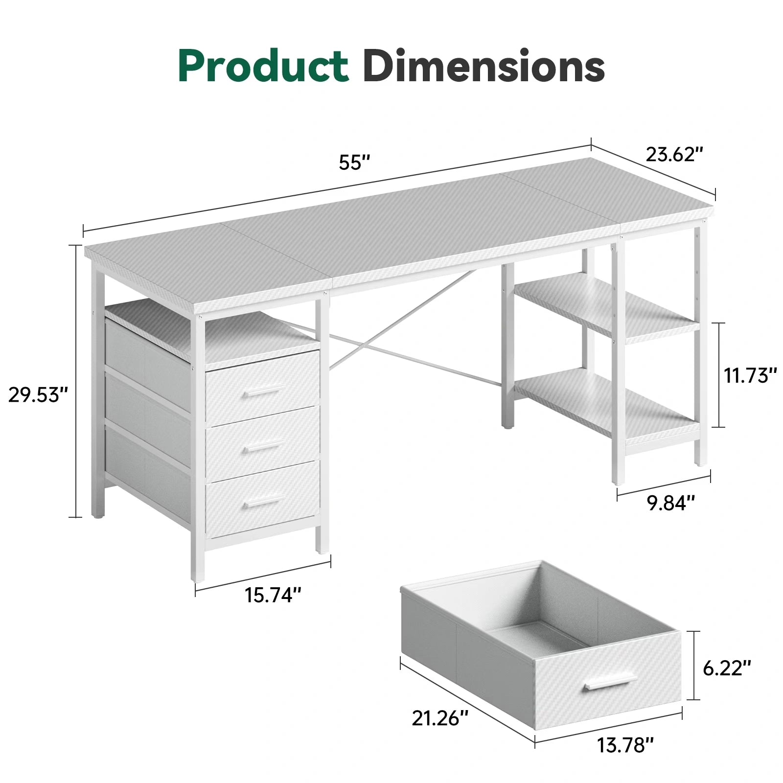 Home Office Desk with 3 Drawers and Reversible Storage Shelves,White