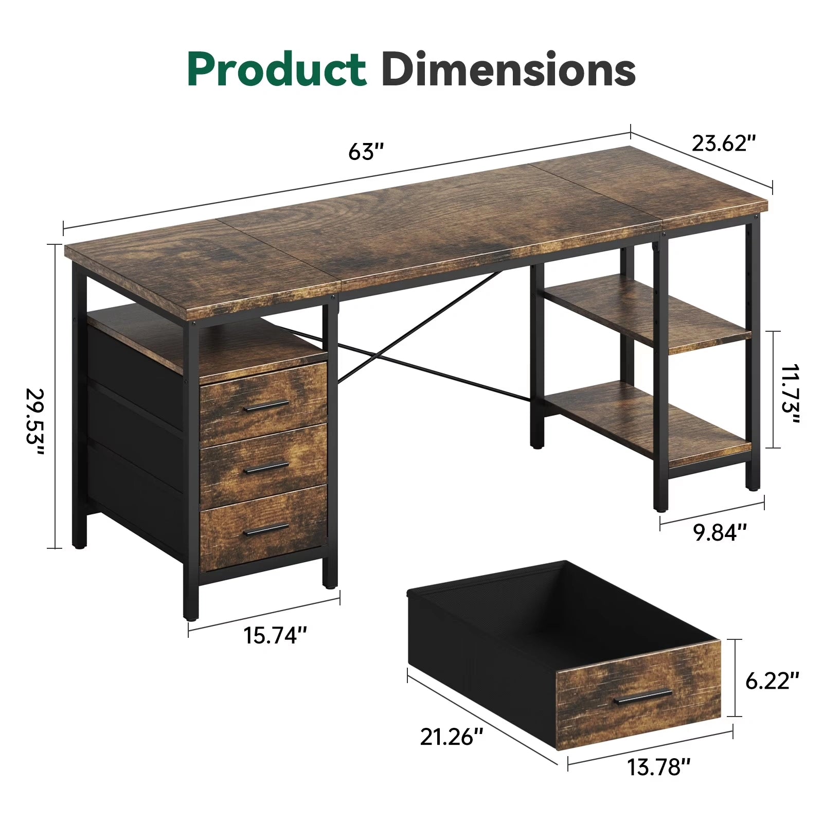Home Office Desk with 3 Drawers and Reversible Storage Shelves,Brown