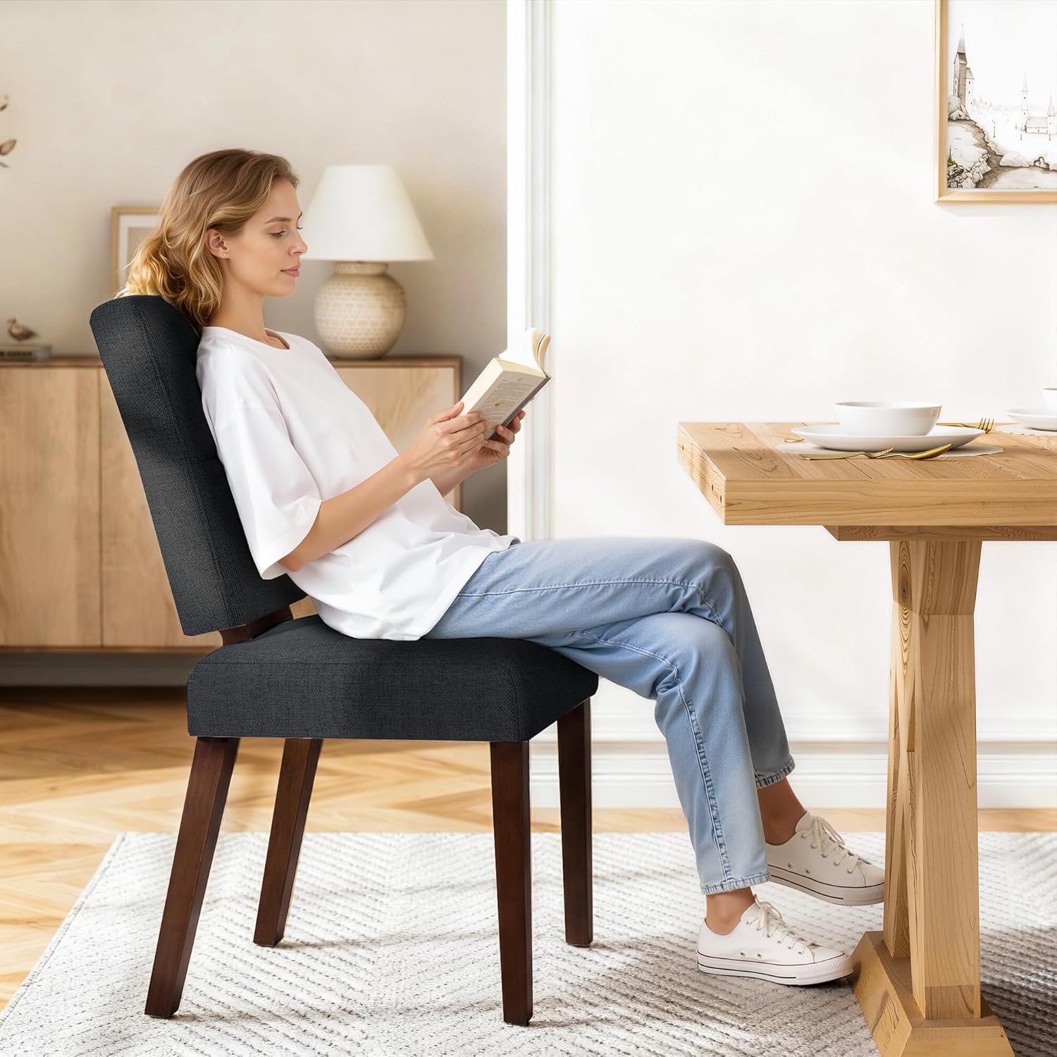 Wooden Dining Chairs With Wood Legs-Set of 2/4,Black