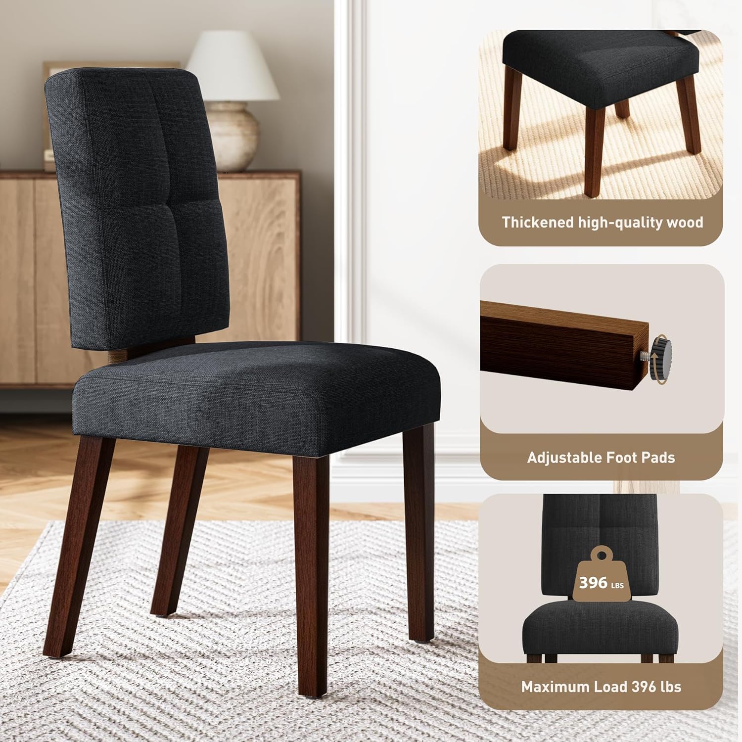 Wooden Dining Chairs With Wood Legs-Set of 2/4,Black