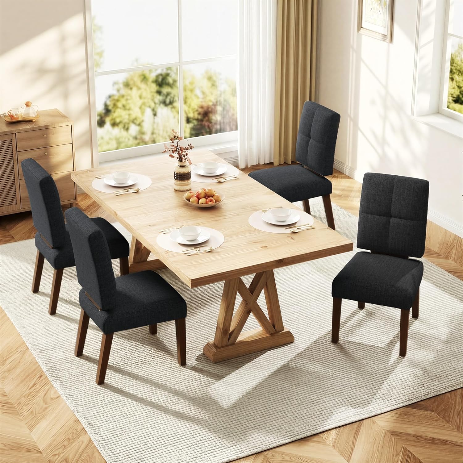 Wooden Dining Chairs With Wood Legs-Set of 2/4,Black