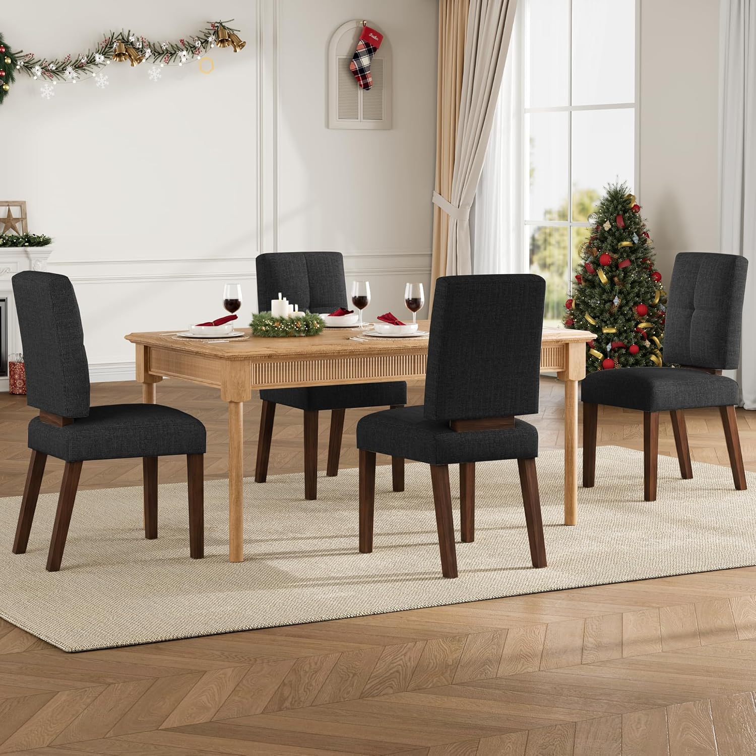 Wooden Dining Chairs With Wood Legs-Set of 2/4,Black