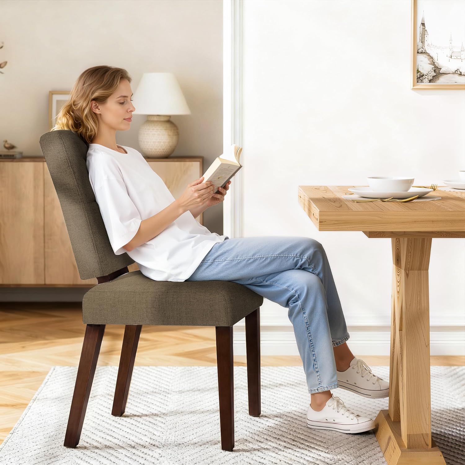 Wooden Dining Chairs With Wood Legs-Set of 2/4,Coffee