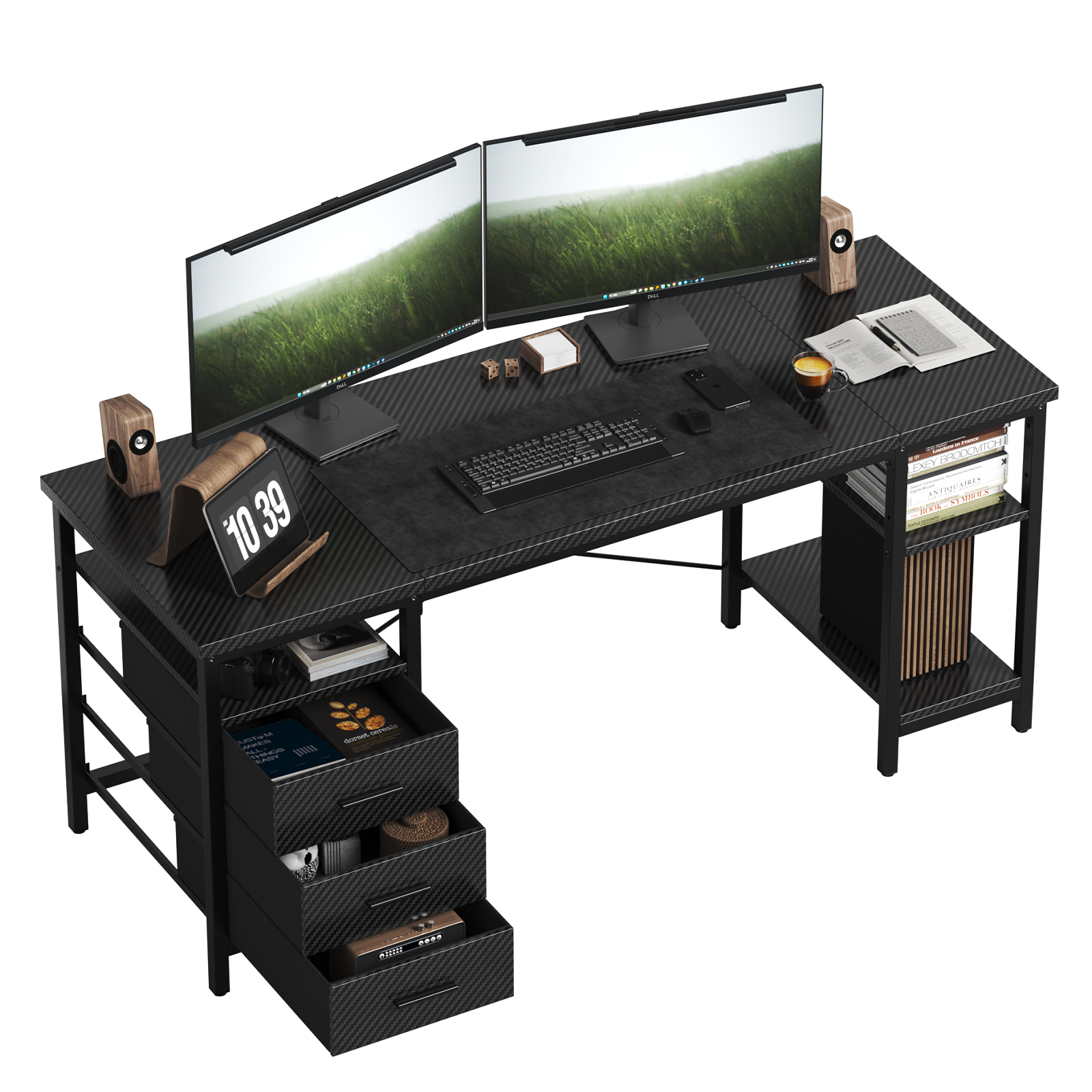 Home Office Desk with 3 Drawers and Reversible Storage Shelves,Black