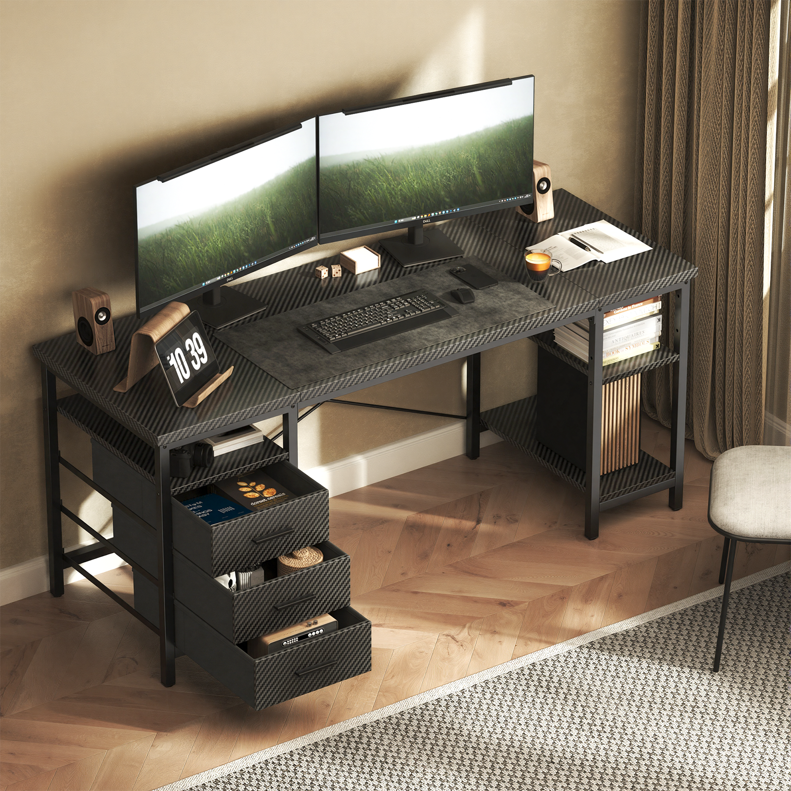 Home Office Desk with 3 Drawers and Reversible Storage Shelves,Black