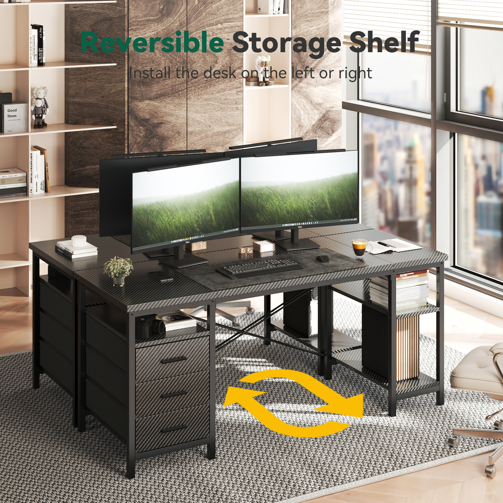 Home Office Desk with 3 Drawers and Reversible Storage Shelves,Black