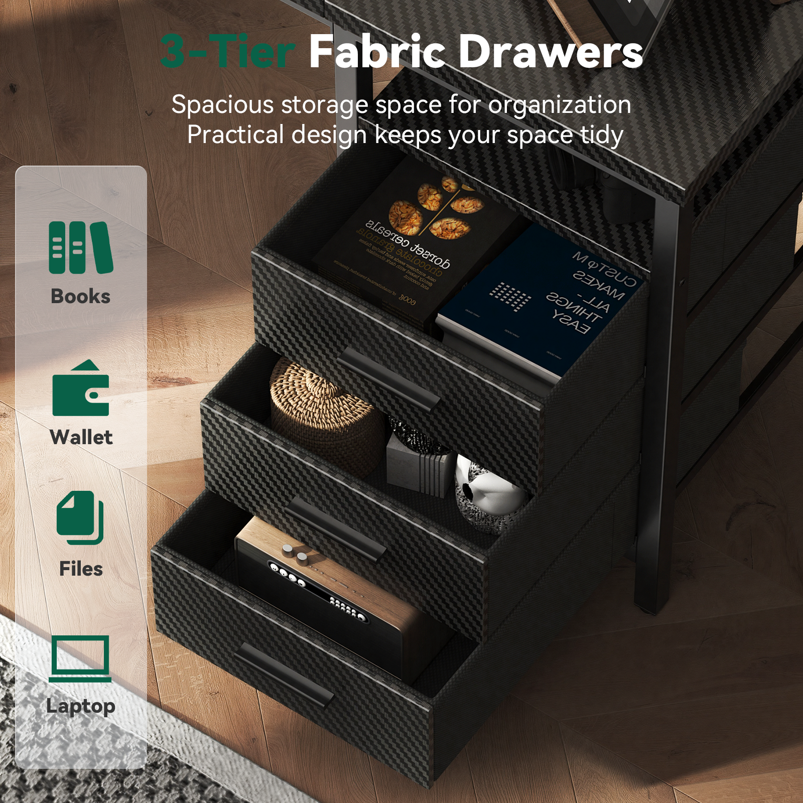 Home Office Desk with 3 Drawers and Reversible Storage Shelves,Black
