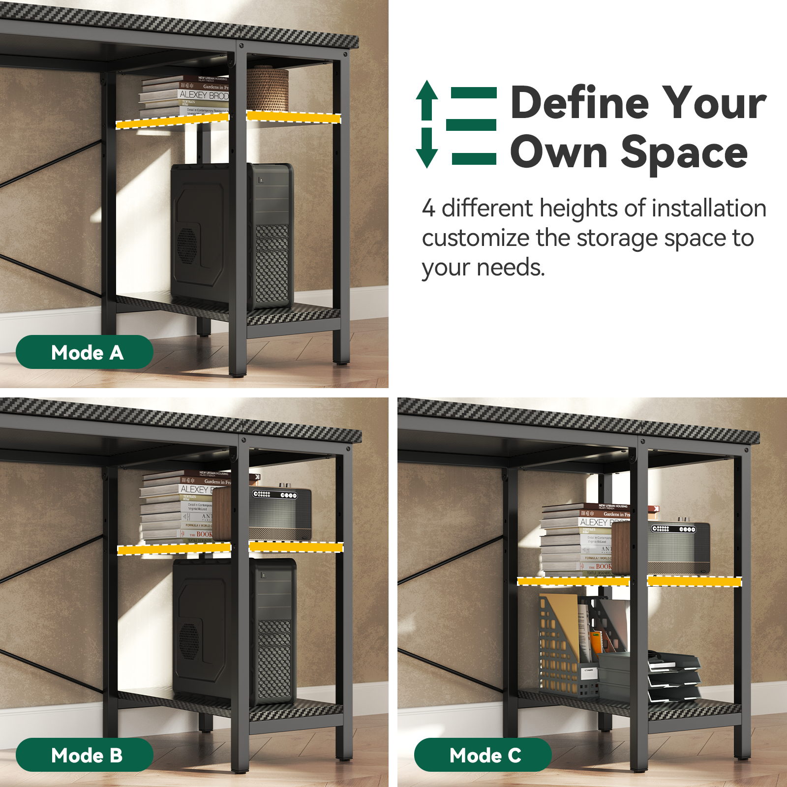 Home Office Desk with 3 Drawers and Reversible Storage Shelves,Black