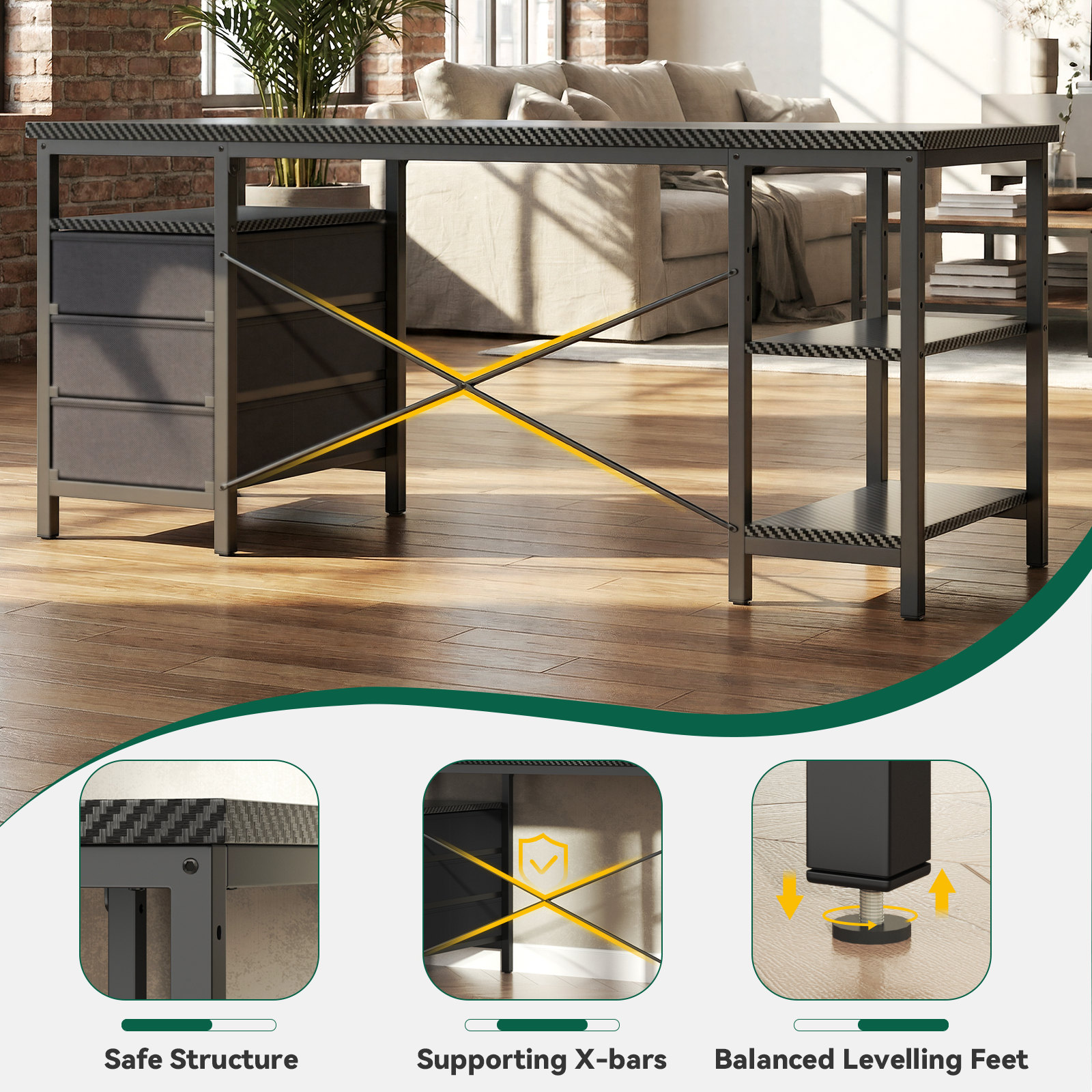 Home Office Desk with 3 Drawers and Reversible Storage Shelves,Black