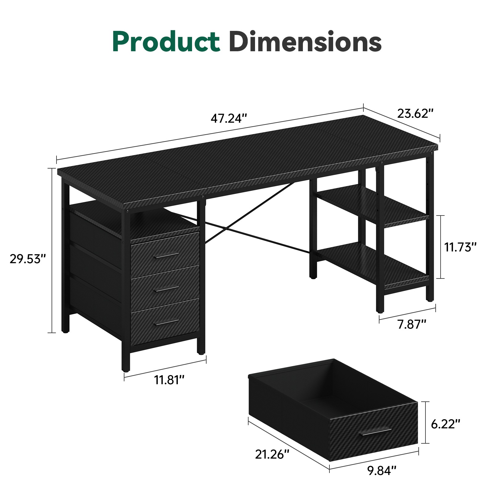 Home Office Desk with 3 Drawers and Reversible Storage Shelves,Black