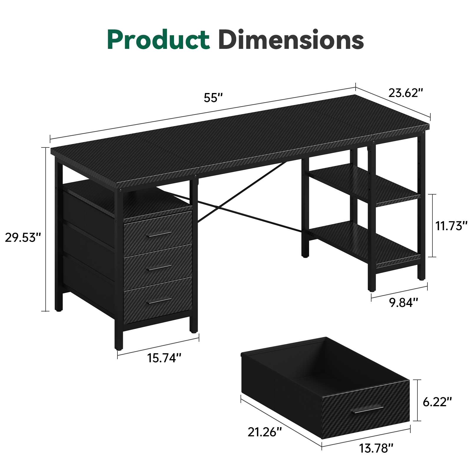 Home Office Desk with 3 Drawers and Reversible Storage Shelves,Black