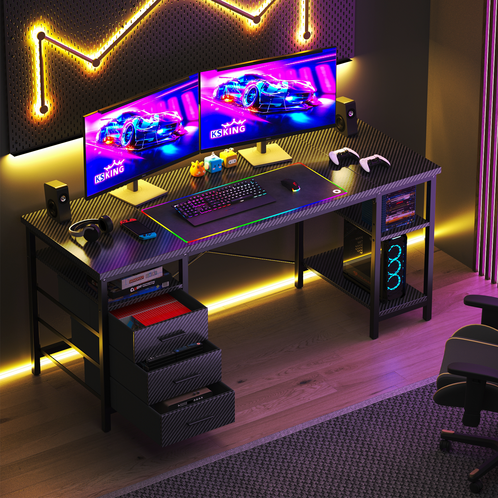 Home Office Desk with 3 Drawers and Reversible Storage Shelves,Black